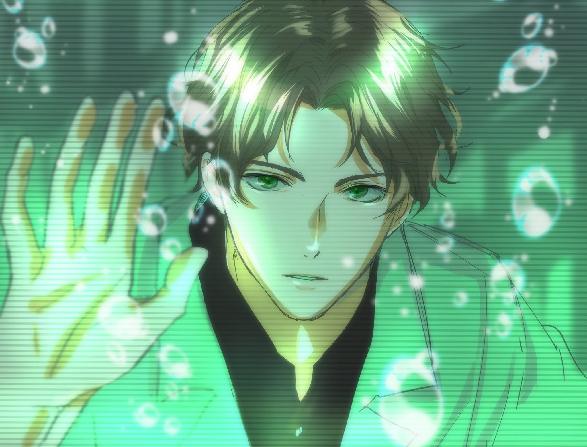 amayado rei, hypnosis mic, commentary request, highres, 1boy, against glass, aged down, black hair, black shirt, blurry, bubble, coat, collared shirt, curtained hair, depth of field, green eyes, hand on glass, hand up, indoors, lab coat, looking at viewer, male focus, parted bangs, parted hair, parted lips, portrait, scanlines, shirt, short hair, solo, very short hair, wavy hair, white coat, yona1030
