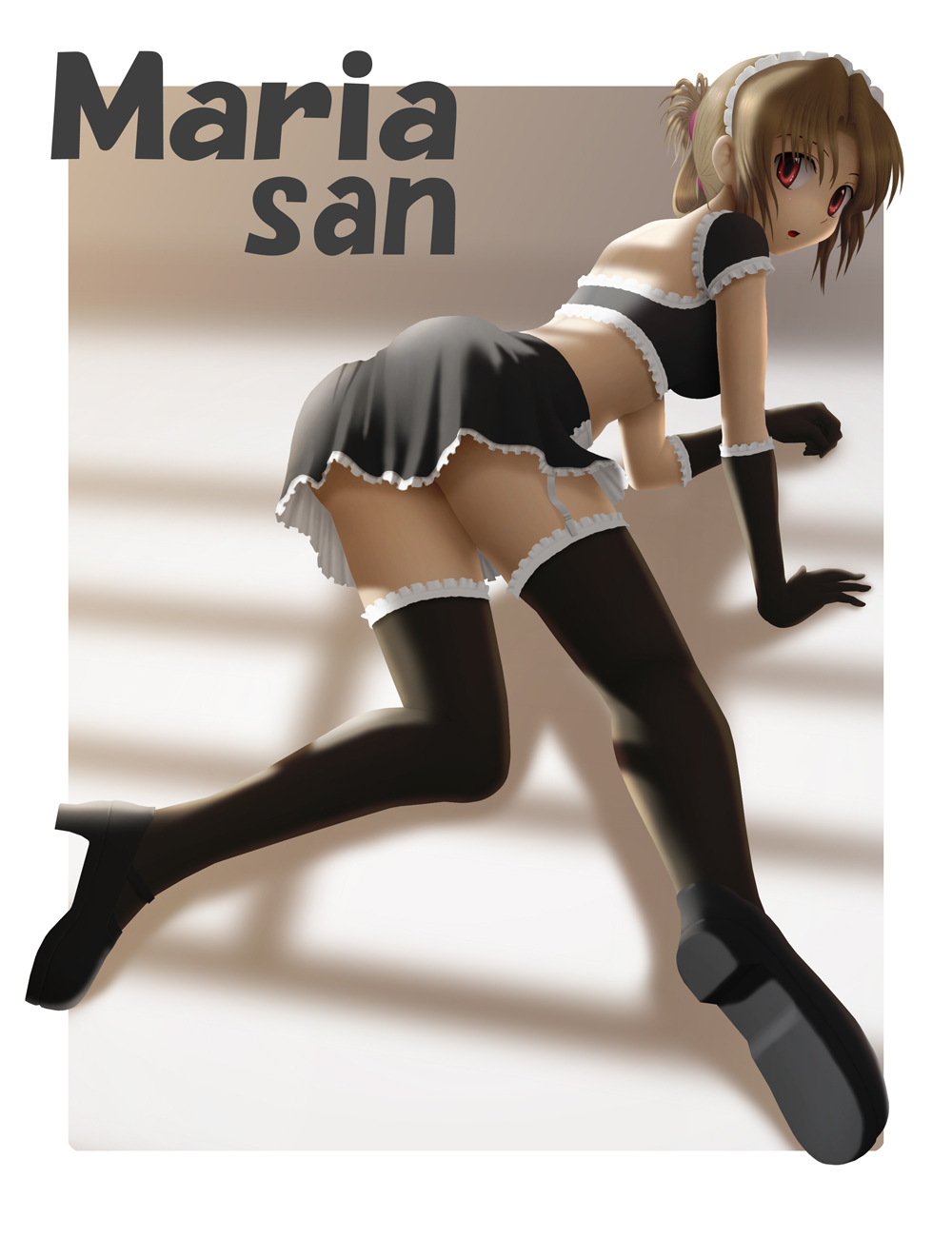 siraha, maria (hayate no gotoku!), hayate no gotoku!, highres, 00s, 1girl, all fours, breasts, brown hair, crop top, elbow gloves, female focus, folded ponytail, garter straps, gloves, hairband, legs, long hair, long legs, looking back, maid, midriff, red eyes, solo, thighhighs