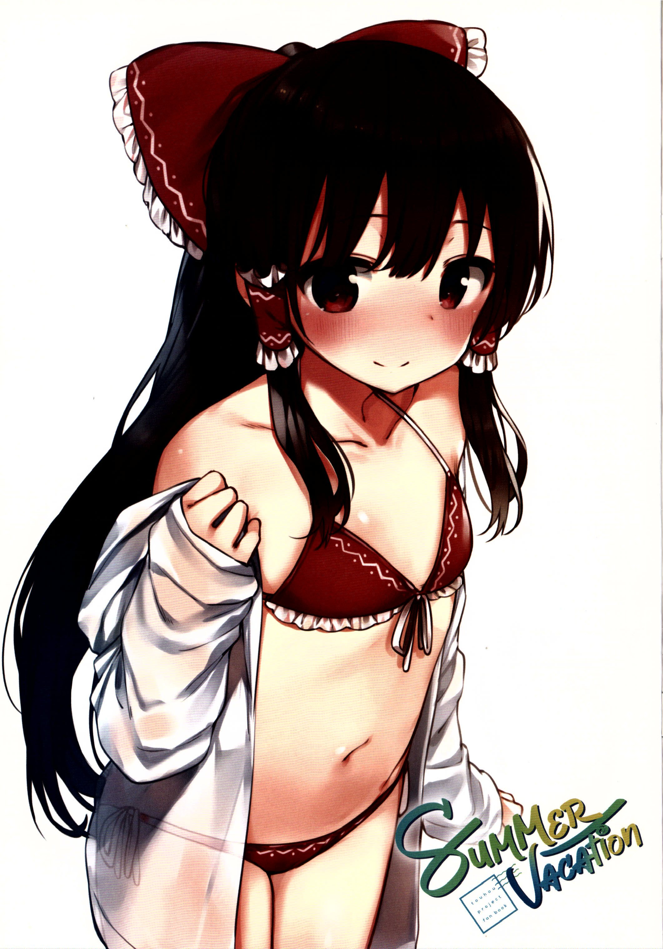 shnva, hakurei reimu, touhou, absurdres, highres, scan, third-party source, 1girl, bikini, bow, brown hair, closed mouth, collarbone, cowboy shot, flat chest, frilled bow, frilled hair tubes, frills, hair bow, hair tubes, long hair, long sleeves, looking at viewer, navel, red bikini, red bow, red eyes, shirt, smile, solo, standing, swimsuit, white background, white shirt