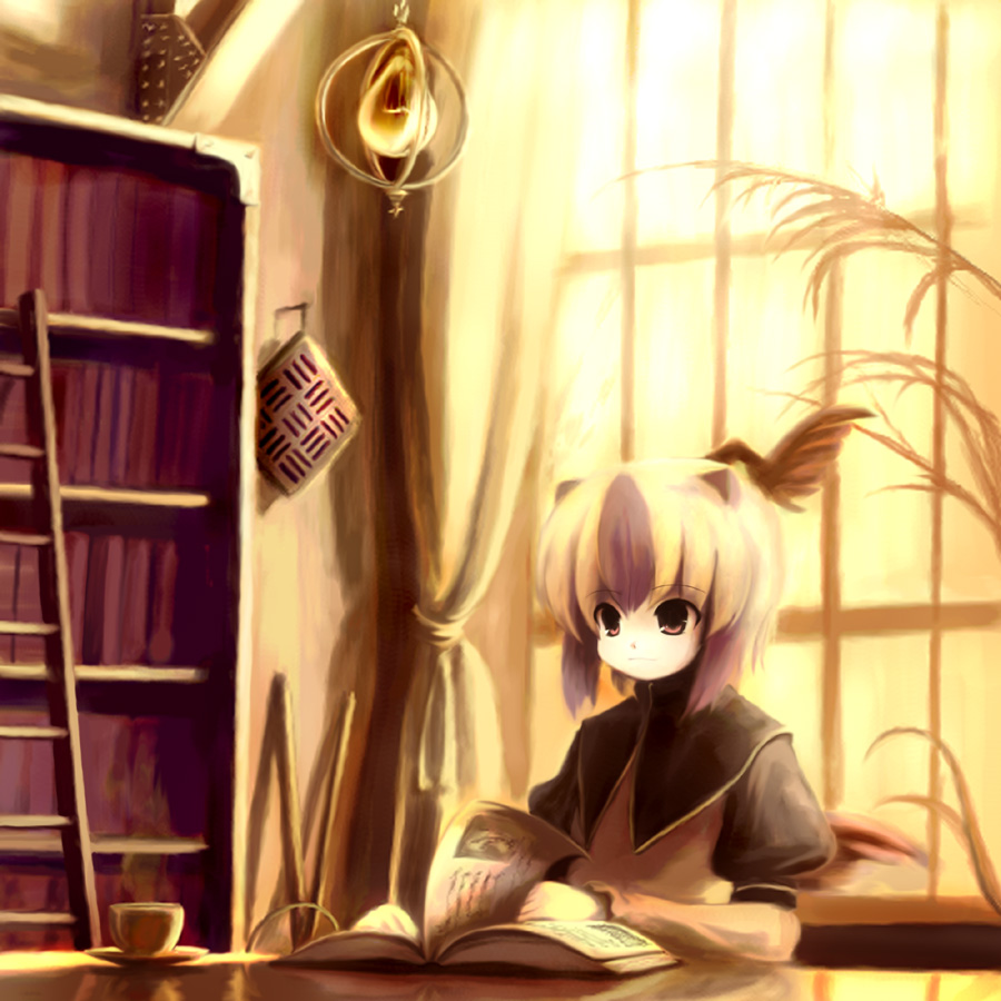 tsubasa (abchipika), tokiko (touhou), curiosities of lotus asia, touhou, 1girl, book, bookshelf, cup, female focus, glasses, head wings, horns, ladder, multicolored hair, short hair, solo, teacup, wings
