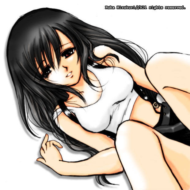 ruka hizukuri, tifa lockhart, final fantasy, final fantasy vii, 1990s (style), 1girl, black hair, breasts, female focus, long hair, midriff, miniskirt, red eyes, skirt, solo, suspenders, tank top, white background