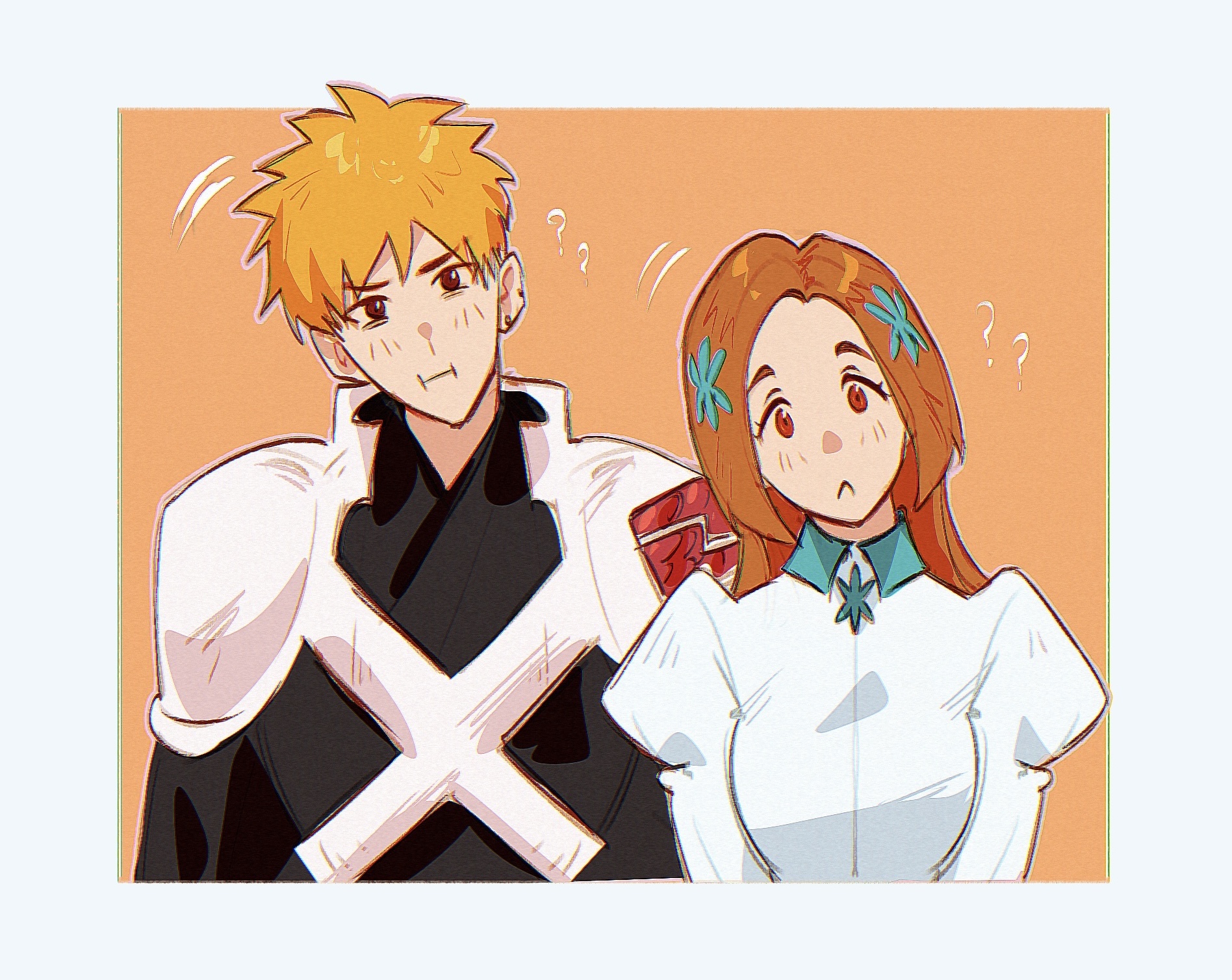 inoue orihime, kurosaki ichigo, bleach, highres, 1boy, 1girl, ?, black robe, border, breasts, brown eyes, brown hair, chest strap, closed mouth, collared dress, dress, head tilt, juliet sleeves, light blush, long hair, long sleeves, medium breasts, orange background, orange hair, origoism, parted bangs, puffy sleeves, robe, short hair, spiked hair, upper body, white border, white dress