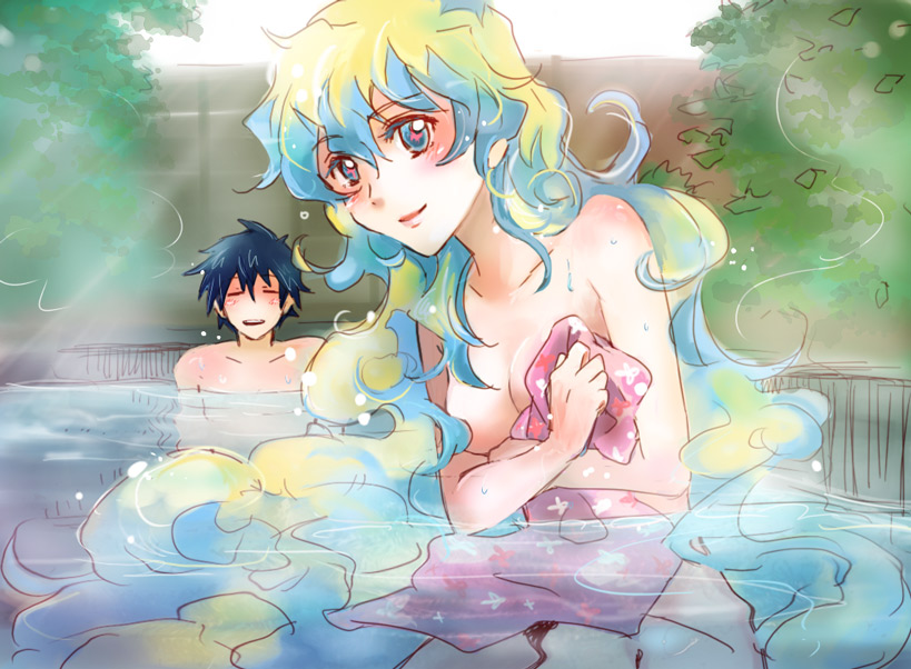 taira momen, nia teppelin, simon (ttgl), tengen toppa gurren lagann, + +, 00s, 1boy, 1girl, blue hair, censored, completely nude, convenient censoring, couple, cross-shaped pupils, hair censor, multicolored hair, nude, onsen, steam, symbol-shaped pupils, towel, two-tone hair, water, wet