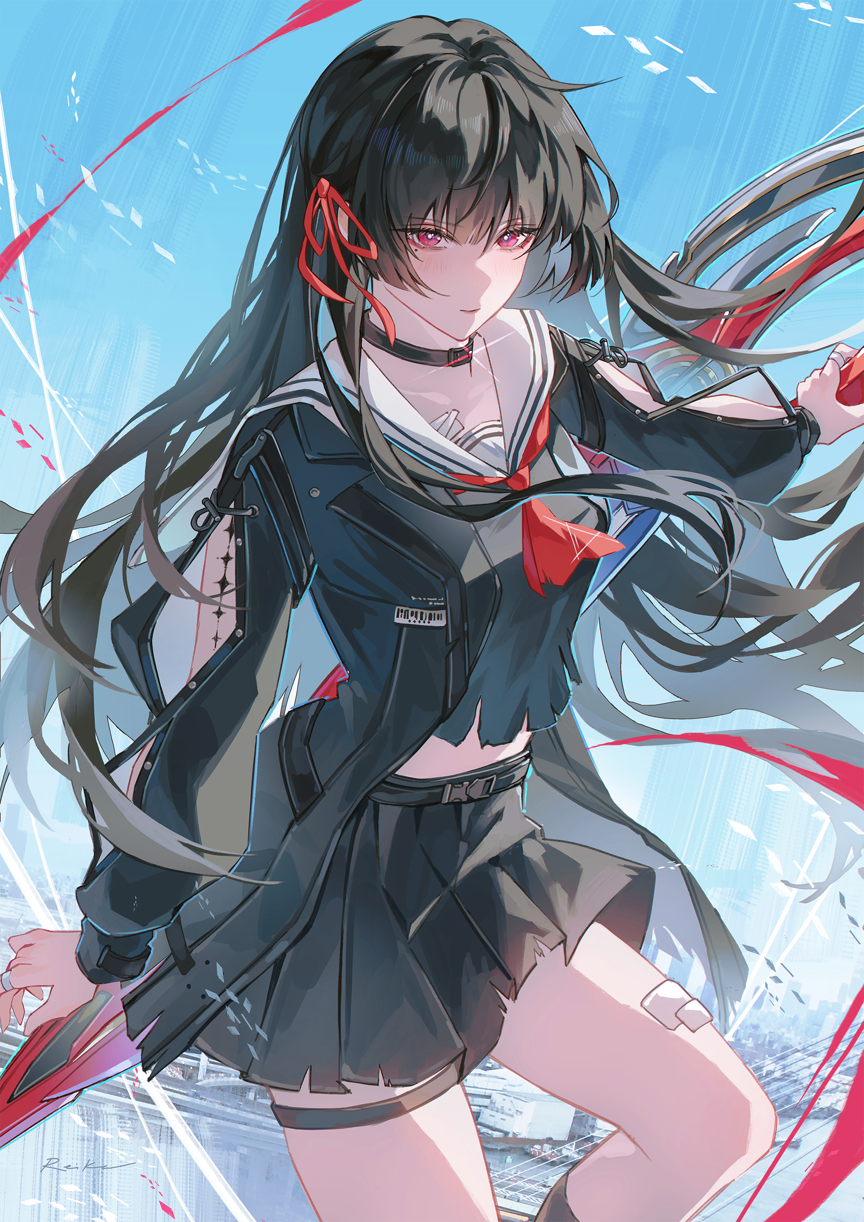 reika (reikadraws), chisa (wuthering waves), wuthering waves, absurdres, commentary, highres, 1girl, arm cutout, black hair, black jacket, black serafuku, black shirt, black skirt, breasts, bright pupils, closed mouth, clothing cutout, hair ribbon, jacket, long hair, long sleeves, looking at viewer, medium breasts, neckerchief, red eyes, red neckerchief, red ribbon, ribbon, sailor collar, school uniform, serafuku, shirt, skirt, smile, solo, tacet mark (wuthering waves), thigh strap, white pupils, white sailor collar