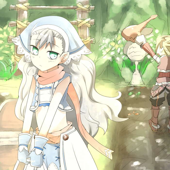 mizuke, karin (rune factory), mice (rune factory), rune factory, rune factory 3, silver hair, 1boy, 1girl, blonde hair, boots, gloves, green eyes, midriff, pointy ears, scarf, watering can