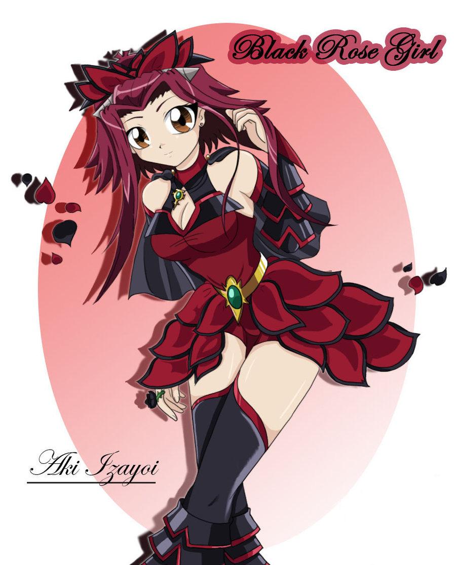 black rose dragon, izayoi aki, yu-gi-oh!, yu-gi-oh! 5d's, 00s, belt, brown eyes, dress, earrings, flower, jewelry, necklace, petals, red hair, rose