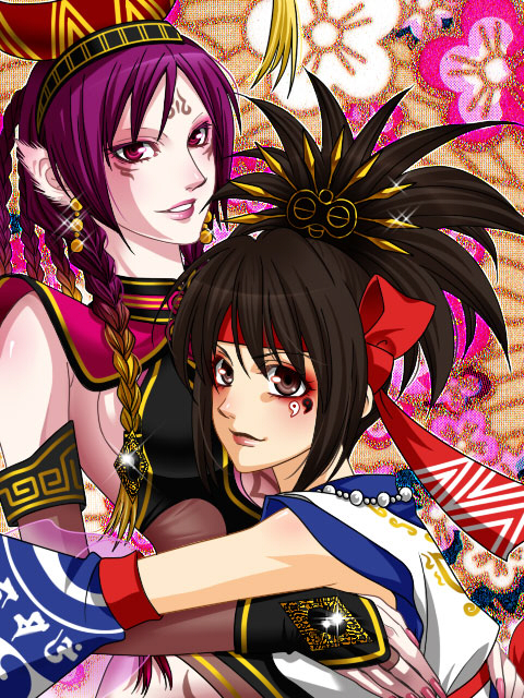 peach-usa, da ji, himiko (musou orochi), musou orochi, musou orochi 2, 2girls, armlet, brown eyes, brown hair, colored skin, detached sleeves, earrings, female focus, hat, headband, headdress, jewelry, multiple girls, pink skin, purple hair, red eyes