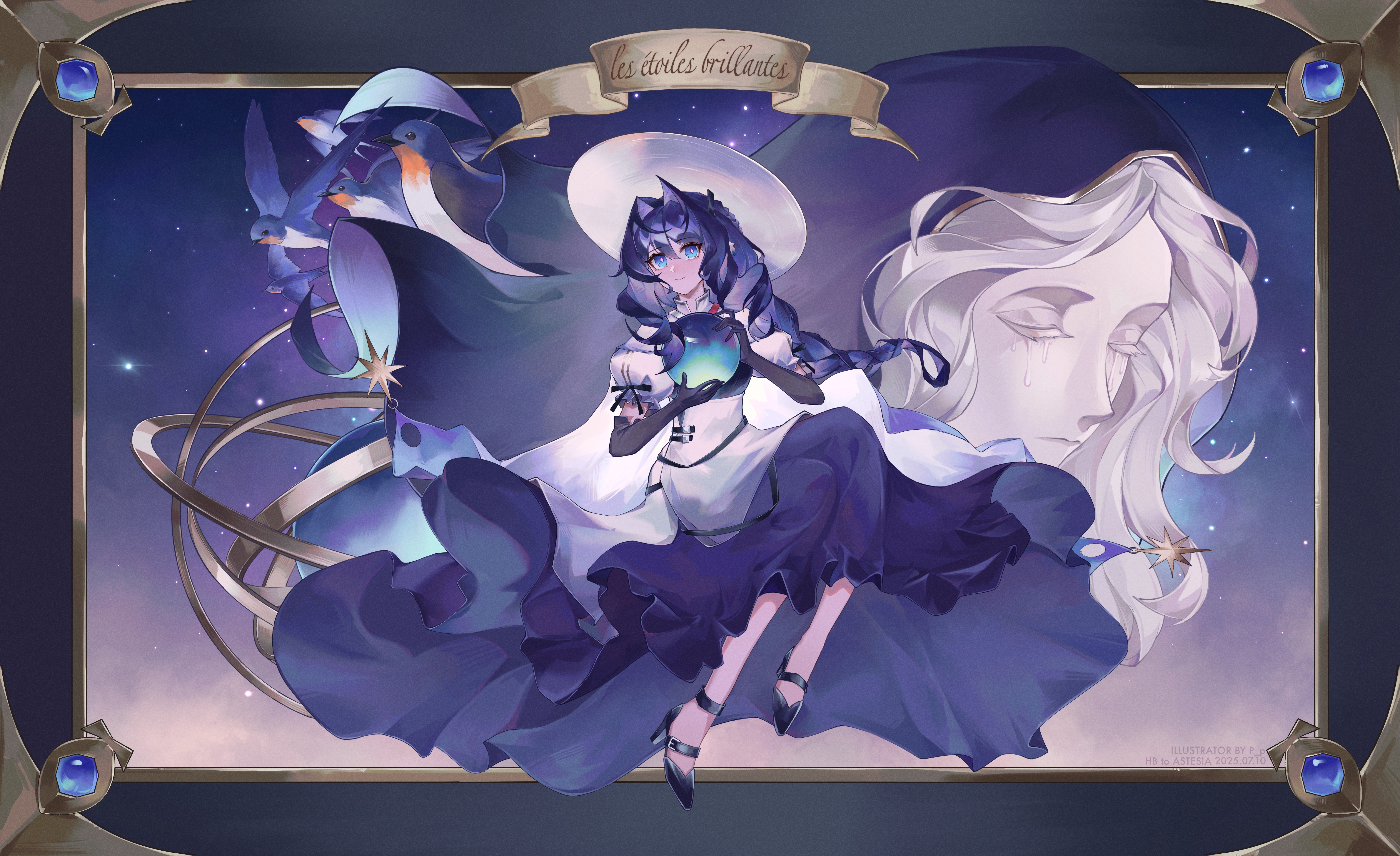 pupeteer p, astesia (arknights), astesia (starseeker) (arknights), arknights, absurdres, highres, 1girl, 1other, armillary sphere, artist name, bird, blue dress, blue eyes, blue hair, braid, bright pupils, crying, dress, elbow gloves, floating, french text, full body, gem, gloves, happy birthday, hat, high heels, holding, holding orb, hood, hood up, layered dress, long hair, looking at viewer, orb, outside border, picture frame, puffy short sleeves, puffy sleeves, short sleeves, sky, smile, solo focus, star (sky), star (symbol), starry sky, starry sky background, white dress, white hat, white pupils, wide brim