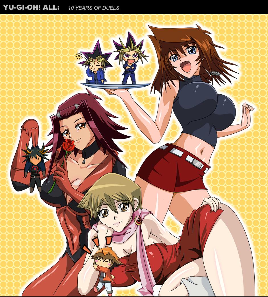 fudo yusei, izayoi aki, mazaki anzu, muto yugi, tenjouin asuka, yami yugi, yuki judai, yu-gi-oh!, yu-gi-oh! 5d's, yu-gi-oh! duel monsters, yu-gi-oh! gx, yuu-gi-ou, artist request, 00s, bad anatomy, blonde hair, bodysuit, breasts, brown hair, chibi, cleavage, dress, flower, large breasts, osiris red uniform, plate, red hair, rose, text focus