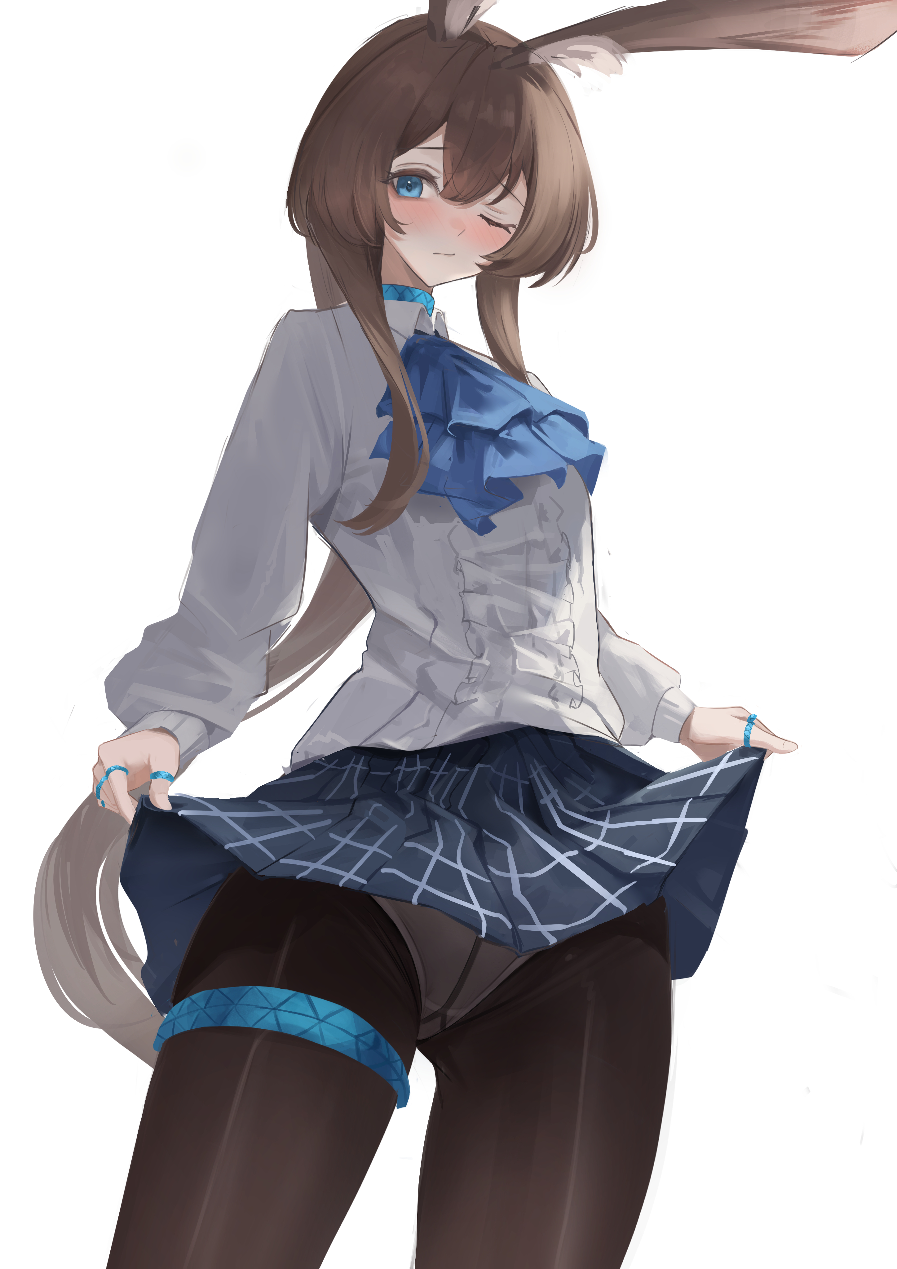 remapack77, amiya (arknights), arknights, absurdres, highres, 1girl, animal ears, ascot, black pantyhose, blue ascot, blue eyes, blue skirt, blush, breasts, clothes lift, from below, jewelry, lifting own clothes, looking at viewer, multiple rings, one eye closed, panties, pantyhose, rabbit ears, rabbit girl, ring, shirt, simple background, skirt, skirt lift, small breasts, solo, underwear, white background, white panties, white shirt
