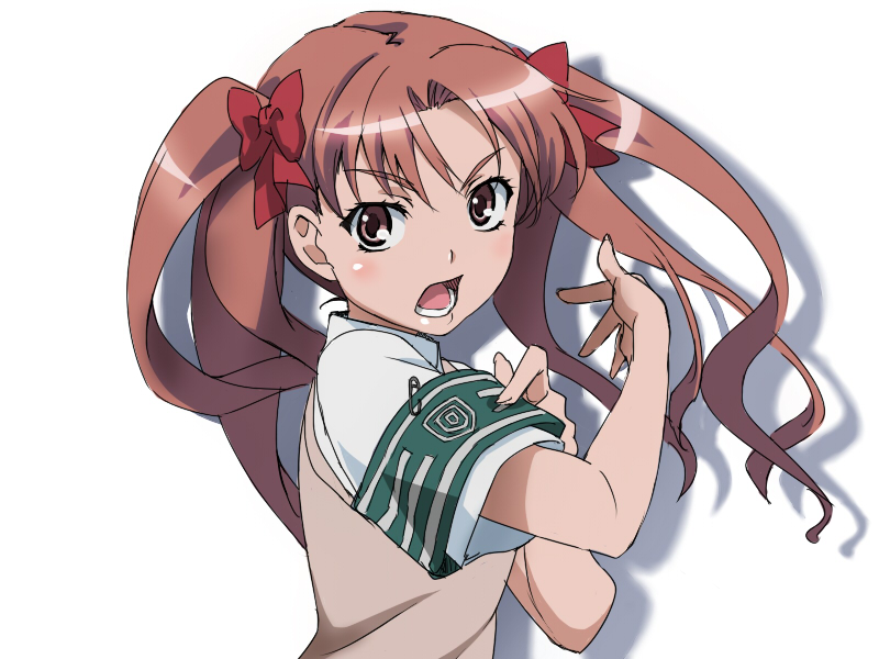 rutarou, shirai kuroko, toaru kagaku no railgun, toaru majutsu no index, bad id, bad pixiv id, 00s, 1girl, armband, brown eyes, brown hair, female focus, hair ribbon, looking at viewer, official style, ribbon, solo, sweater vest, twintails, upper body