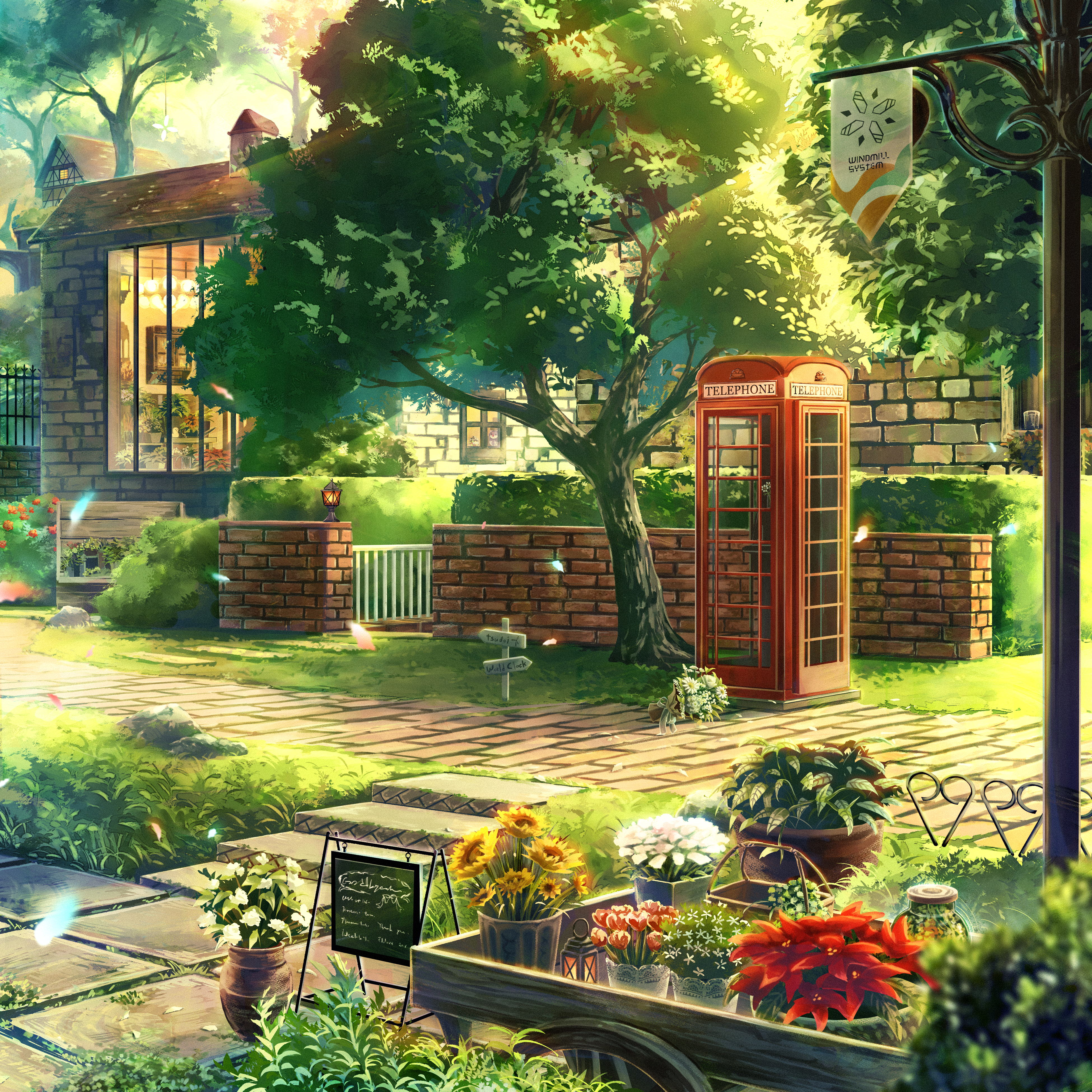 original, absurdres, commentary, commentary request, english commentary, highres, mixed-language commentary, banner, brick wall, building, day, english text, flower, light rays, no humans, outdoors, path, phone booth, plant, potted plant, red eyes, road, rua keep love, scenery, sign, sunbeam, sunlight, tree, white background, yellow flower