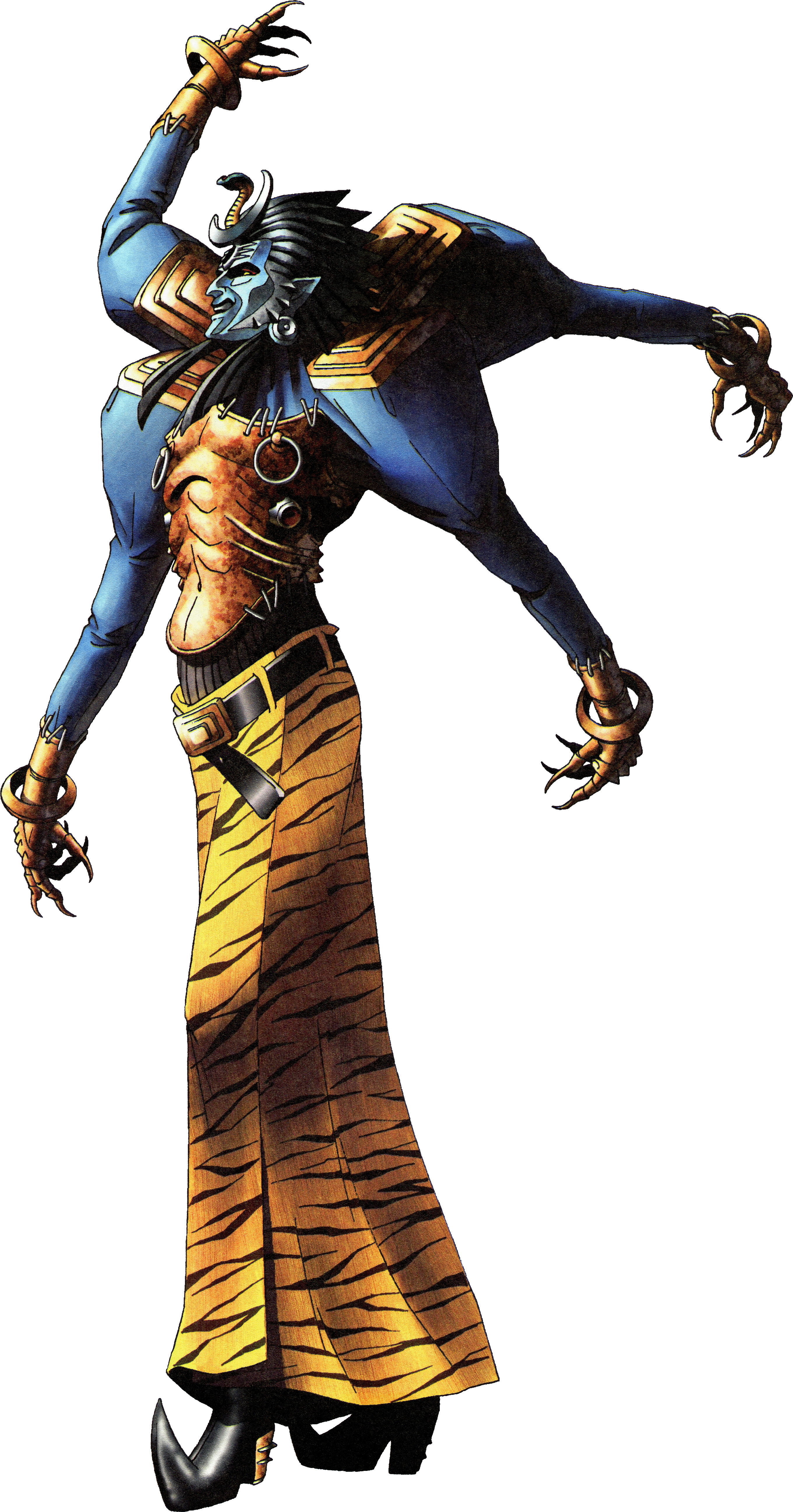 kazuma kaneko, persona, persona 1, absurdres, highres, official art, third-party source, 1boy, animal print, armor, belt, black belt, black hair, blue skin, breastplate, colored skin, extra arms, full body, persona (summon), red eyes, shiva (persona), simple background, solo, standing, stitches, tiger print, transparent background