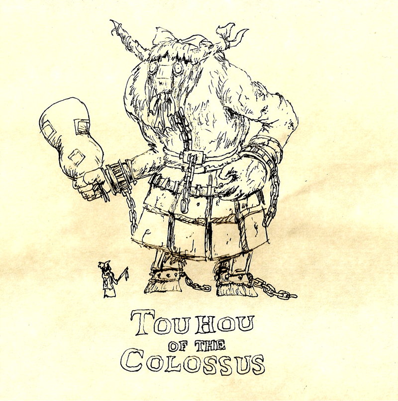 hakurei reimu, ibuki suika, shadow of the colossus, touhou, 2girls, chain, colossus, english text, female focus, giant, gradient background, hair ribbon, horns, monochrome, multiple girls, parody, ribbon, skirt