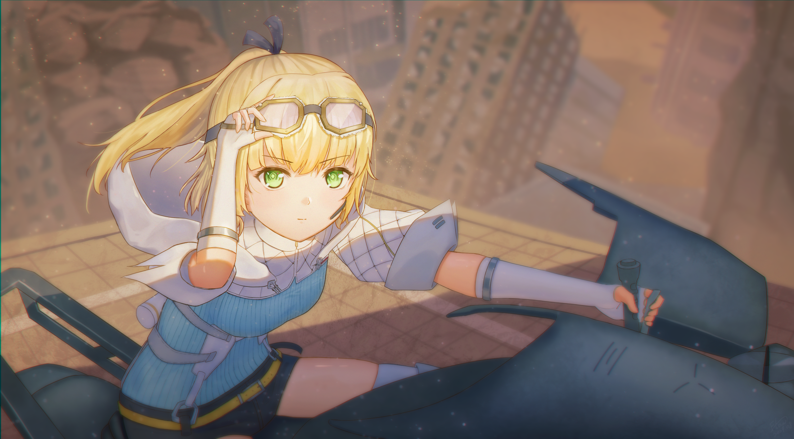 flowingcrescent, nanase nanami (heaven burns red), heaven burns red, commentary, english commentary, highres, 1girl, adjusting eyewear, arm up, belt, black shorts, blue sweater, blunt bangs, blurry, blurry background, breasts, building, closed mouth, cowboy shot, fingerless gloves, floating hair, gloves, goggles, goggles on head, green eyes, hood, hood down, light particles, light smile, long hair, looking at viewer, medium breasts, motor vehicle, motorcycle, official alternate costume, official alternate hairstyle, on motorcycle, outdoors, ponytail, ribbed sweater, ruins, short sleeves, shorts, sidelocks, sitting, solo, split mouth, sweater, thighhighs, white gloves, white thighhighs, yellow belt, zettai ryouiki