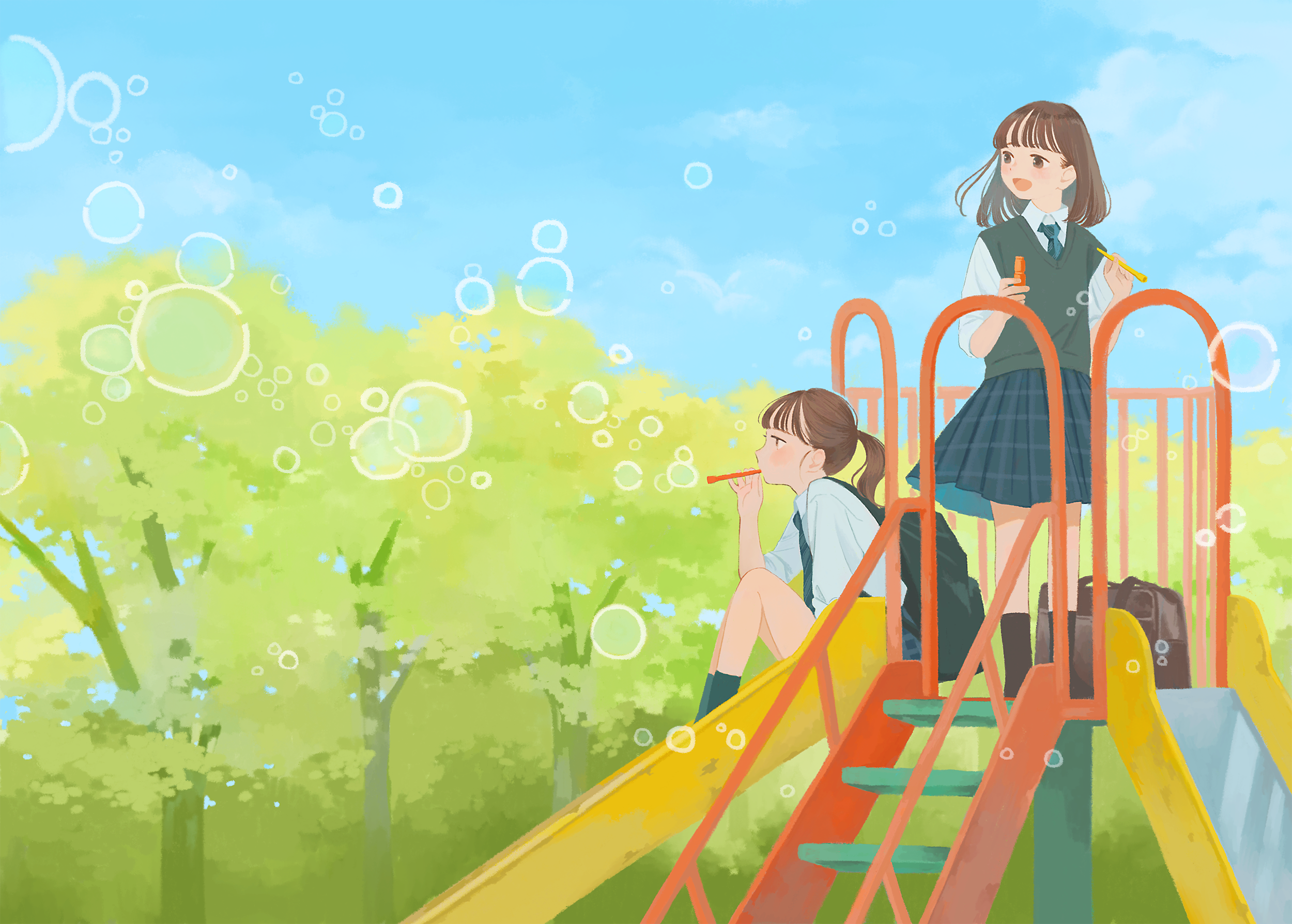 inoue haruka (haruharu210), original, commentary request, highres, 2girls, :d, aqua necktie, backpack, bag, black socks, blowing bubbles, blue skirt, blue sky, brown hair, bubble, choppy bangs, collared shirt, day, grey sweater vest, ladder, medium hair, multiple girls, necktie, open mouth, outdoors, playground, pleated skirt, ponytail, school bag, school uniform, shirt, sitting, skirt, sky, slice of life, slide, smile, socks, standing, sweater vest, tree, white shirt, wing collar