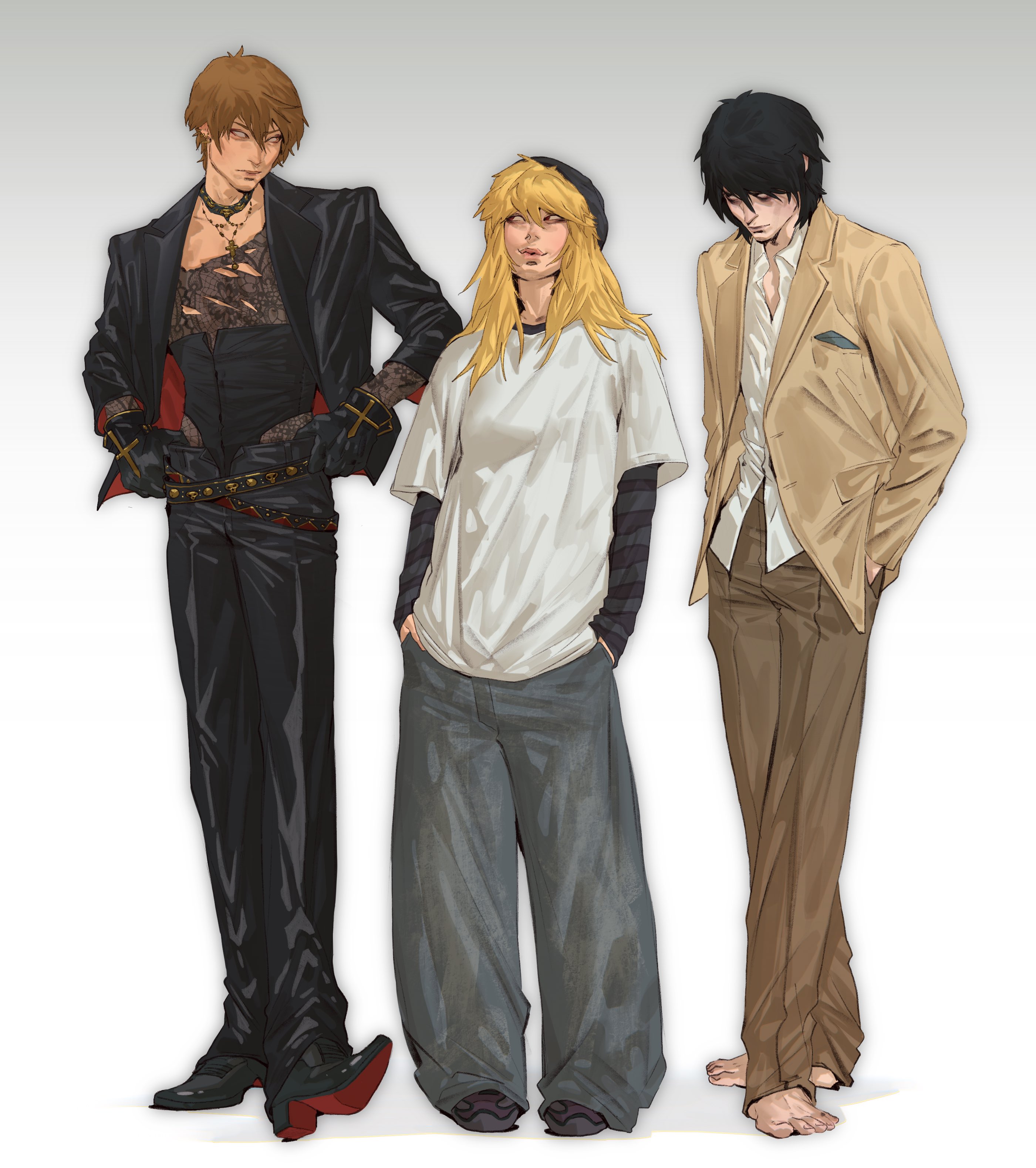 crazytom, amane misa, l (death note), yagami light, death note, absurdres, highres, 1girl, 2boys, amane misa (cosplay), baggy clothes, barefoot, belt, black choker, black corset, black gloves, black hair, black hat, black jacket, black pants, black shirt, black shoes, blonde hair, blue pants, breasts, brown hair, brown jacket, brown pants, choker, collared shirt, corset, cosplay, costume switch, cross, cross necklace, gloves, gradient background, hair between eyes, hands in pockets, hat, jacket, jewelry, l (death note) (cosplay), lace, lace shirt, lace sleeves, long hair, looking at another, medium breasts, multiple boys, necklace, pants, pocket square, shirt, shirt under shirt, shoes, short hair, simple background, sneakers, standing, striped clothes, striped shirt, suit jacket, t-shirt, torn clothes, torn shirt, white shirt, yagami light (cosplay)