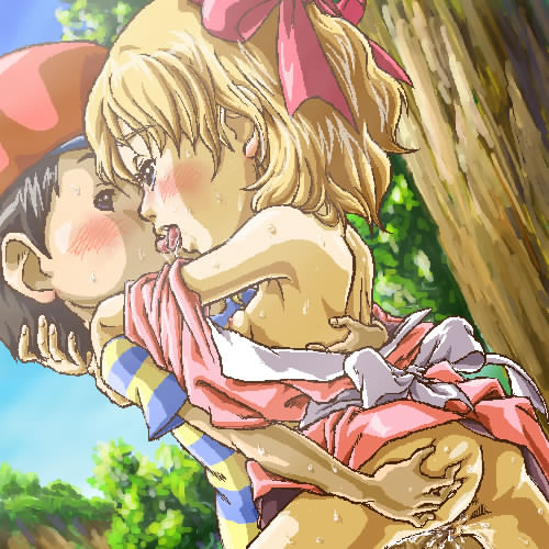 ness (mother 2), paula (mother 2), mother (series), mother 2, nintendo, ass grab, artist request, lowres, 1boy, 1girl, ass, blonde hair, blush, clothed sex, dress, hetero, kodomo doushi, loli, outdoors, sex, shirt, short hair, shota, striped clothes, striped shirt