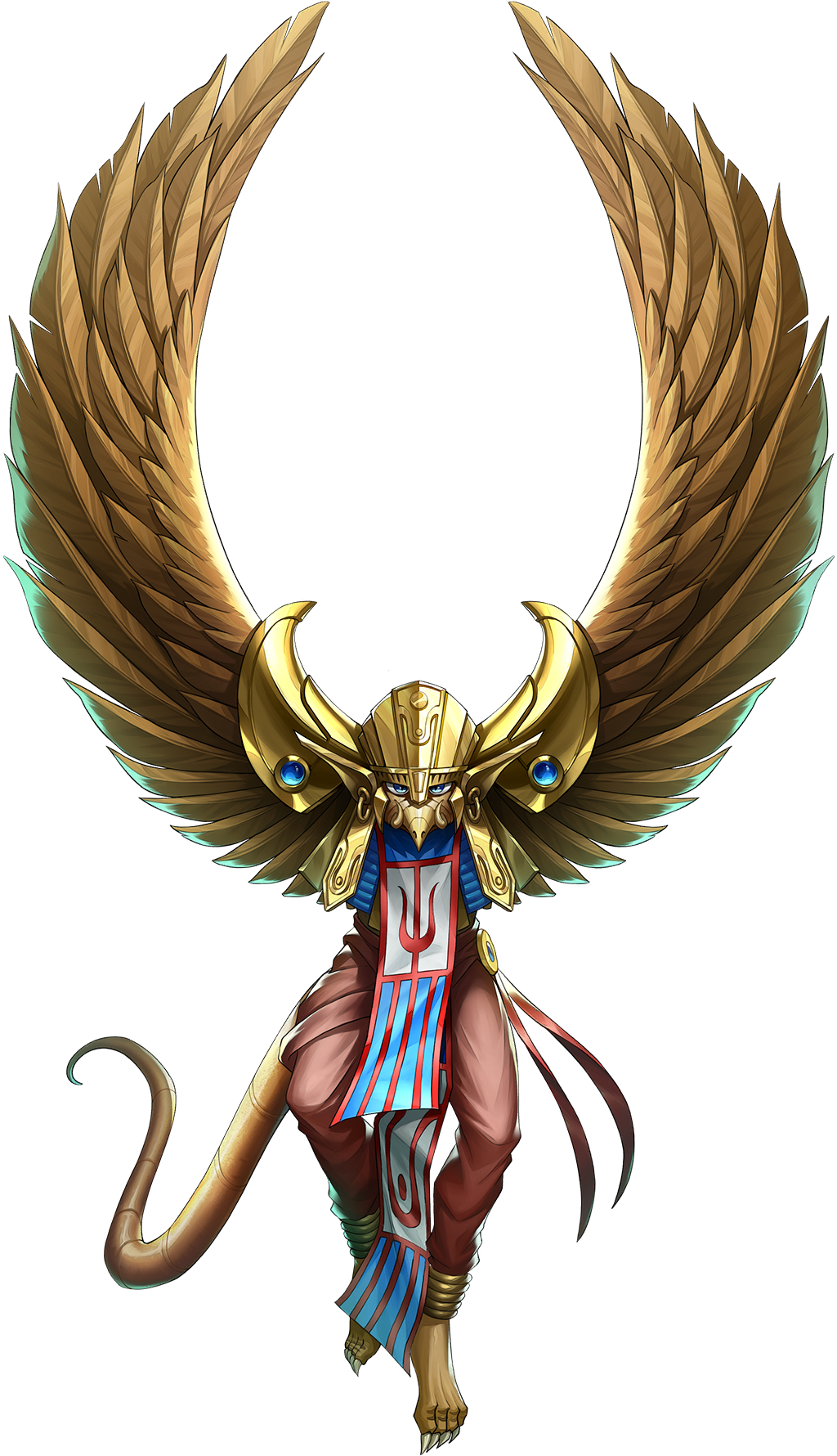 garuda (megami tensei), persona, persona 5, persona 5: the phantom x, shin megami tensei, artist request, highres, official art, third-party source, anklet, beak, blue eyes, demon (megami tensei), feathered wings, gold helmet, jewelry, pants, simple background, solo, tail, transparent background, tusks, wings