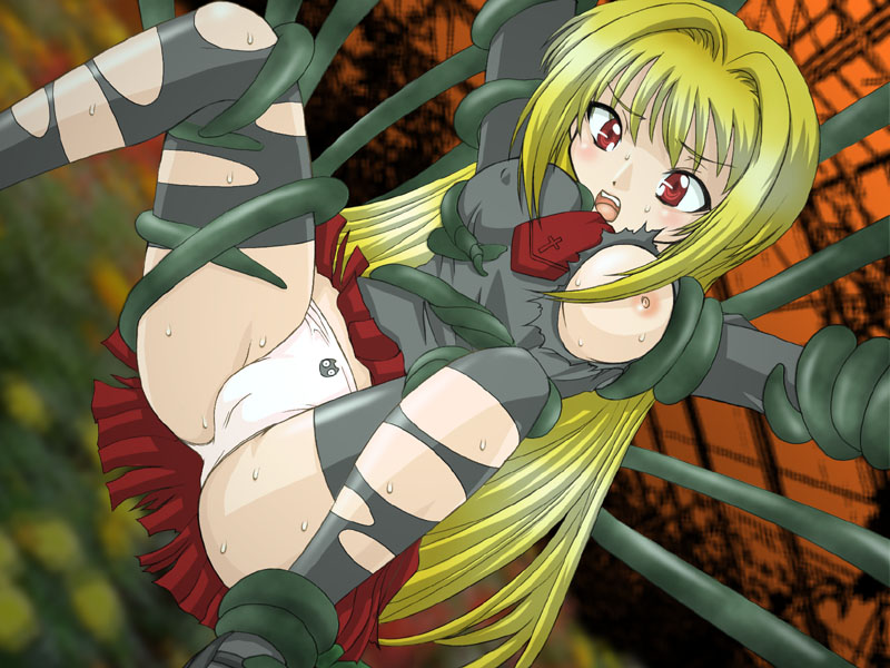 eve (black cat), black cat (series), 00s, 1girl, blonde hair, blush, breasts, panties, red eyes, tentacles, torn clothes, underwear, you gonna get raped