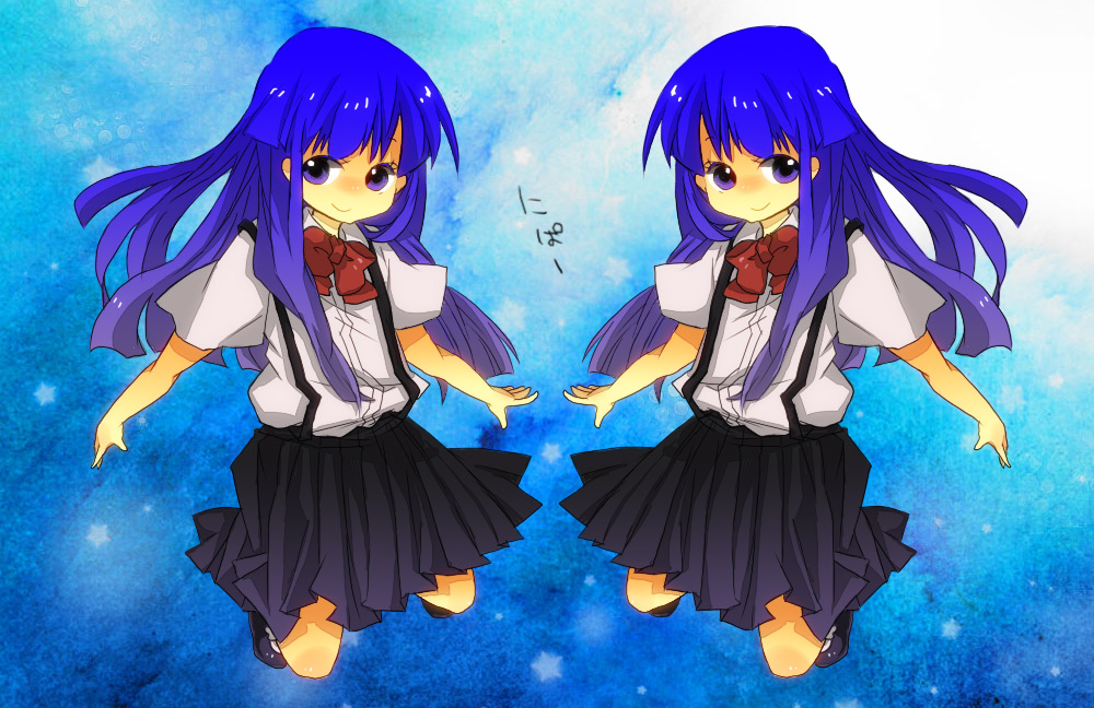 hemo, furude rika, higurashi no naku koro ni, bad id, bad pixiv id, translated, 00s, 1girl, blue hair, bow, bowtie, female focus, full body, long hair, purple eyes, school uniform, skirt, smile, solo, symmetry