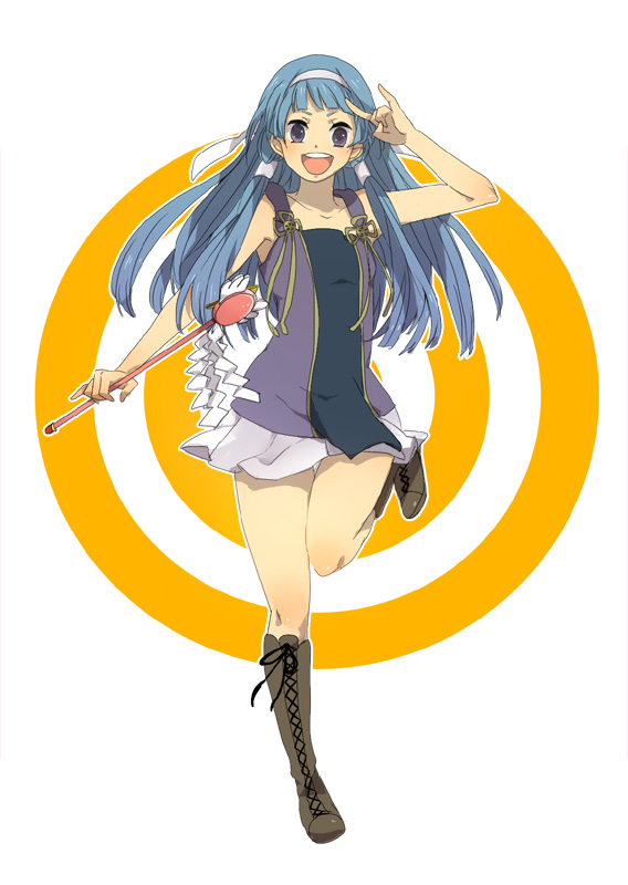 tomo (sjim), nagi, tomo, kannagi, bad id, bad pixiv id, 00s, 1girl, blue hair, blunt bangs, boots, female focus, hair tubes, headband, long hair, miniskirt, pleated skirt, purple eyes, skirt, solo, wand, white skirt