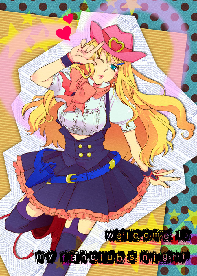 tmsk, sheryl nome, macross, macross frontier, macross frontier: itsuwari no utahime, 00s, 1girl, blonde hair, blue eyes, cowboy hat, cowboy western, dress, earrings, female focus, hat, heart, jewelry, long hair, one eye closed, single earring, solo, thighhighs, wink