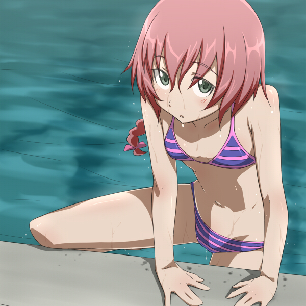 kanna asuke, suou pavlichenko, darker than black, 00s, 1girl, bikini, blush, braid, female focus, flat chest, green eyes, looking at viewer, pink hair, ponytail, pool, poolside, red hair, single braid, solo, striped bikini, striped clothes, swimsuit, water, wet
