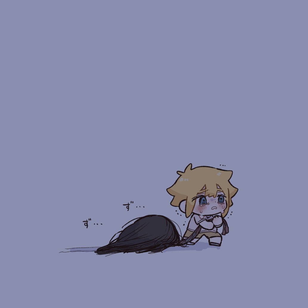 basil (faraway) (omori), basil (omori), mari (faraway) (omori), mari (omori), omori, spoilers, translation request, 1boy, 1girl, aged down, antenna hair, black hair, blonde hair, blue eyes, blush, brown shorts, chibi, chibi only, crying, crying with eyes open, death, double-parted bangs, grey background, hair between eyes, long hair, open mouth, shirt, short hair, shorts, sidelocks, simple background, soon mkr, tears, white shirt