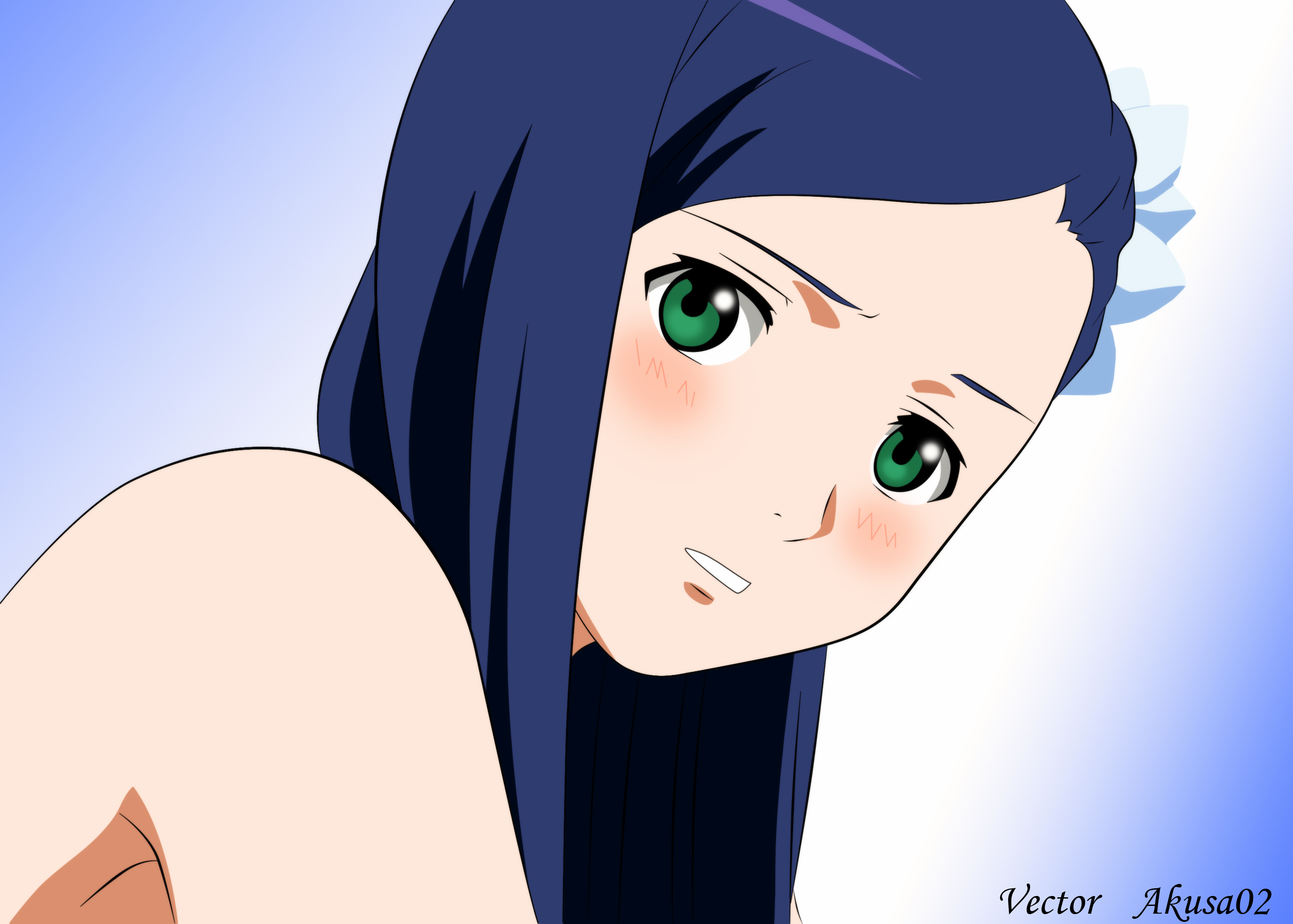 natsuki kruger, my-hime, derivative work, highres, vector trace, 00s, blue hair, blue theme, blush, bow, green eyes, nude
