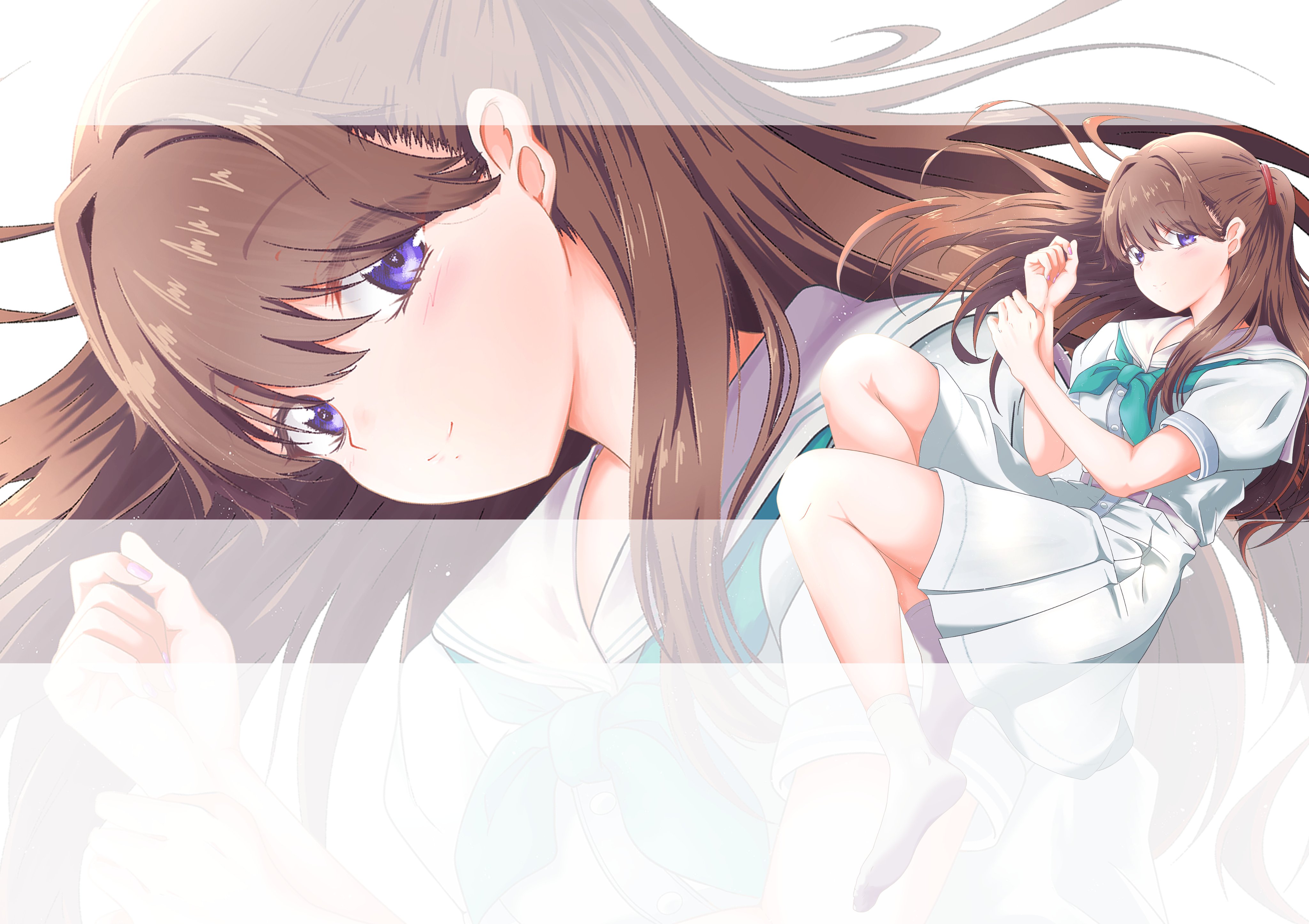 rakinegimagi, fujishima megumi, link! like! love live!, love live!, absurdres, commentary, highres, 1girl, aqua neckerchief, blush, brown hair, closed mouth, dress, floating hair, hasu no sora school uniform, light particles, long hair, looking at viewer, medium dress, neckerchief, no shoes, pleated dress, puffy short sleeves, puffy sleeves, purple eyes, sailor collar, sailor dress, school uniform, short sleeves, simple background, smile, socks, solo, two side up, virtual youtuber, white background, white dress, white sailor collar, white socks, zoom layer