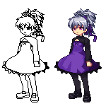 niino, yin (darker than black), darker than black, lowres, redrawn, 00s, 1girl, artist progress, dress, full body, hair ribbon, lineart, pantyhose, pink eyes, pixel art, ponytail, purple skirt, ribbon, skirt, standing, transparent background, white hair