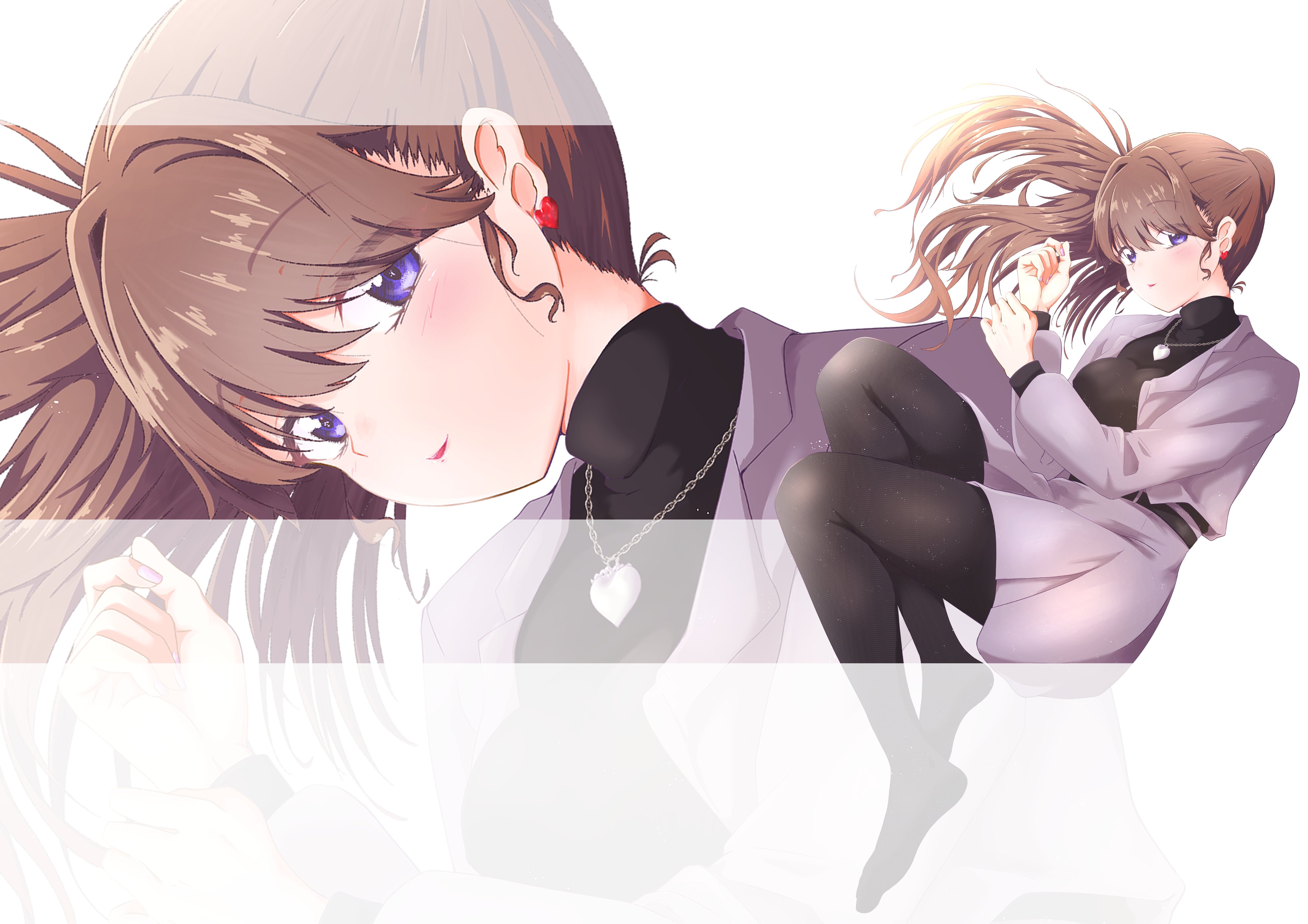 rakinegimagi, fujishima megumi, fujishima megumi (post-graduation), link! like! love live!, love live!, absurdres, commentary, english commentary, highres, 1girl, black pantyhose, black sweater, brown hair, earrings, floating hair, formal clothes, grey jacket, grey skirt, grey suit, heart, heart earrings, heart necklace, jacket, jewelry, lone nape hair, long sleeves, looking at viewer, miniskirt, necklace, no shoes, open clothes, open jacket, pantyhose, parted lips, pleated skirt, ponytail, purple eyes, simple background, skirt, skirt suit, smile, solo, suit, suit jacket, sweater, turtleneck, turtleneck sweater, virtual youtuber, white background, zoom layer