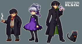 niino, hei (darker than black), huang (darker than black), mao (darker than black), yin (darker than black), darker than black, lowres, 00s, 1girl, 2boys, black cat, black eyes, black hair, brown hair, cat, cigarette, coat, collar, dress, hair ribbon, mask, multiple boys, pantyhose, pink eyes, pixel art, ponytail, purple skirt, ribbon, skirt, thigh strap, white hair