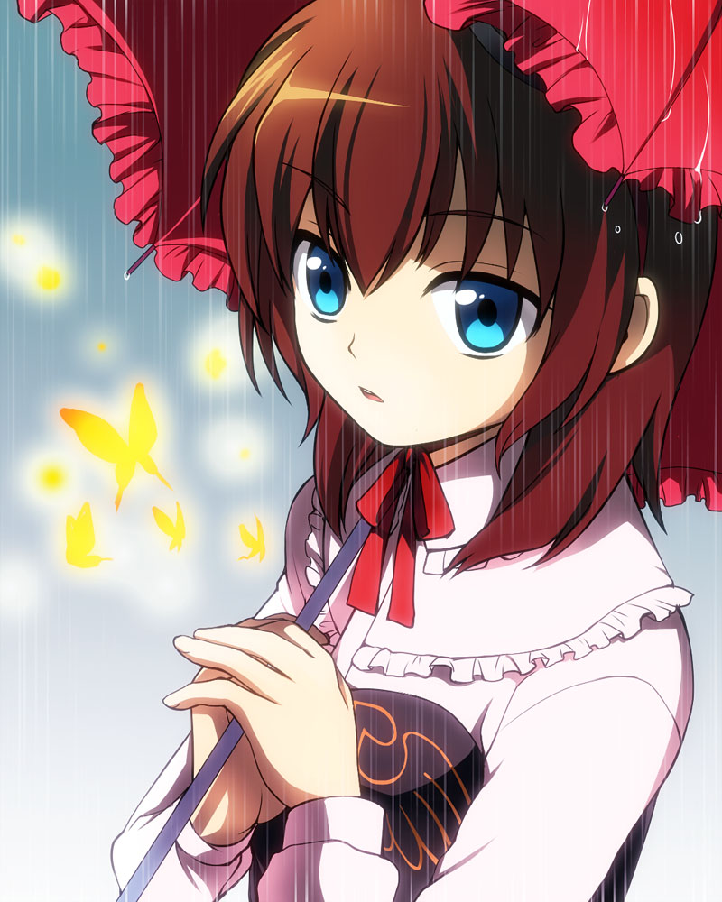 yodobashi yuo, ushiromiya maria, umineko no naku koro ni, 00s, 1girl, blue eyes, brown hair, bug, butterfly, female focus, insect, rain, red hair, ribbon, short hair, solo, umbrella
