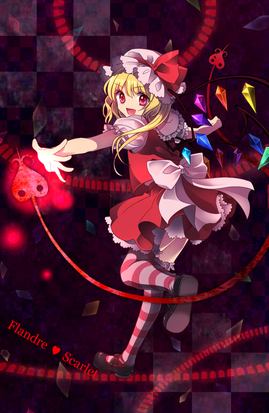 lovepayon, yu (lovepayon), flandre scarlet, embodiment of scarlet devil, touhou, bad id, bad pixiv id, highres, 1girl, black shoes, blonde hair, blouse, female focus, frilled thighhighs, frills, full body, hat, mob cap, ponytail, red eyes, shirt, shoes, short hair, side ponytail, solo, striped clothes, striped thighhighs, thighhighs, white hat, white shirt, wings