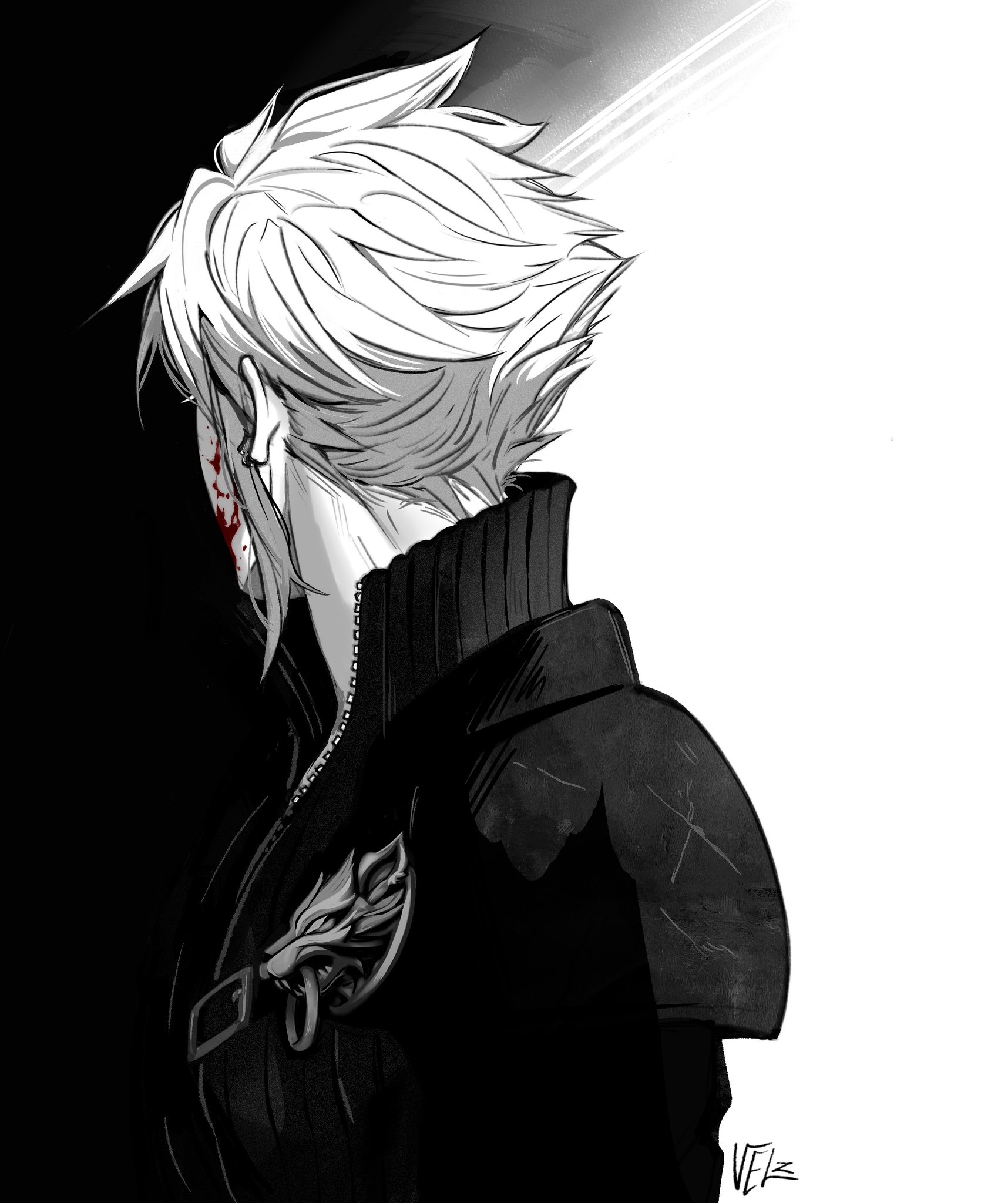 cloud strife, fenrir (final fantasy), final fantasy, final fantasy vii, final fantasy vii: advent children, highres, 1boy, armor, black sleeves, black vest, blood, blood on face, chest strap, facing away, male focus, pauldrons, sageixx, short hair, shoulder armor, signature, single pauldron, single sleeve, solo, spiked hair, spot color, upper body, vest, zipper