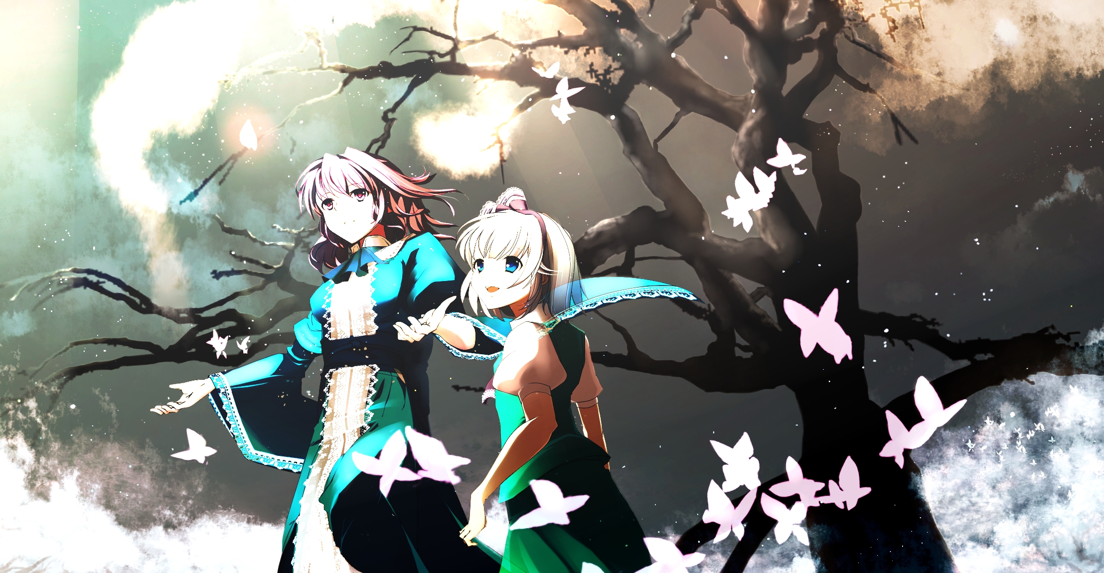 fk, konpaku youmu, saigyouji yuyuko, touhou, silver hair, bad id, bad pixiv id, highres, 2girls, blue eyes, bug, butterfly, female focus, hairband, insect, multiple girls, pink eyes, pink hair, short hair
