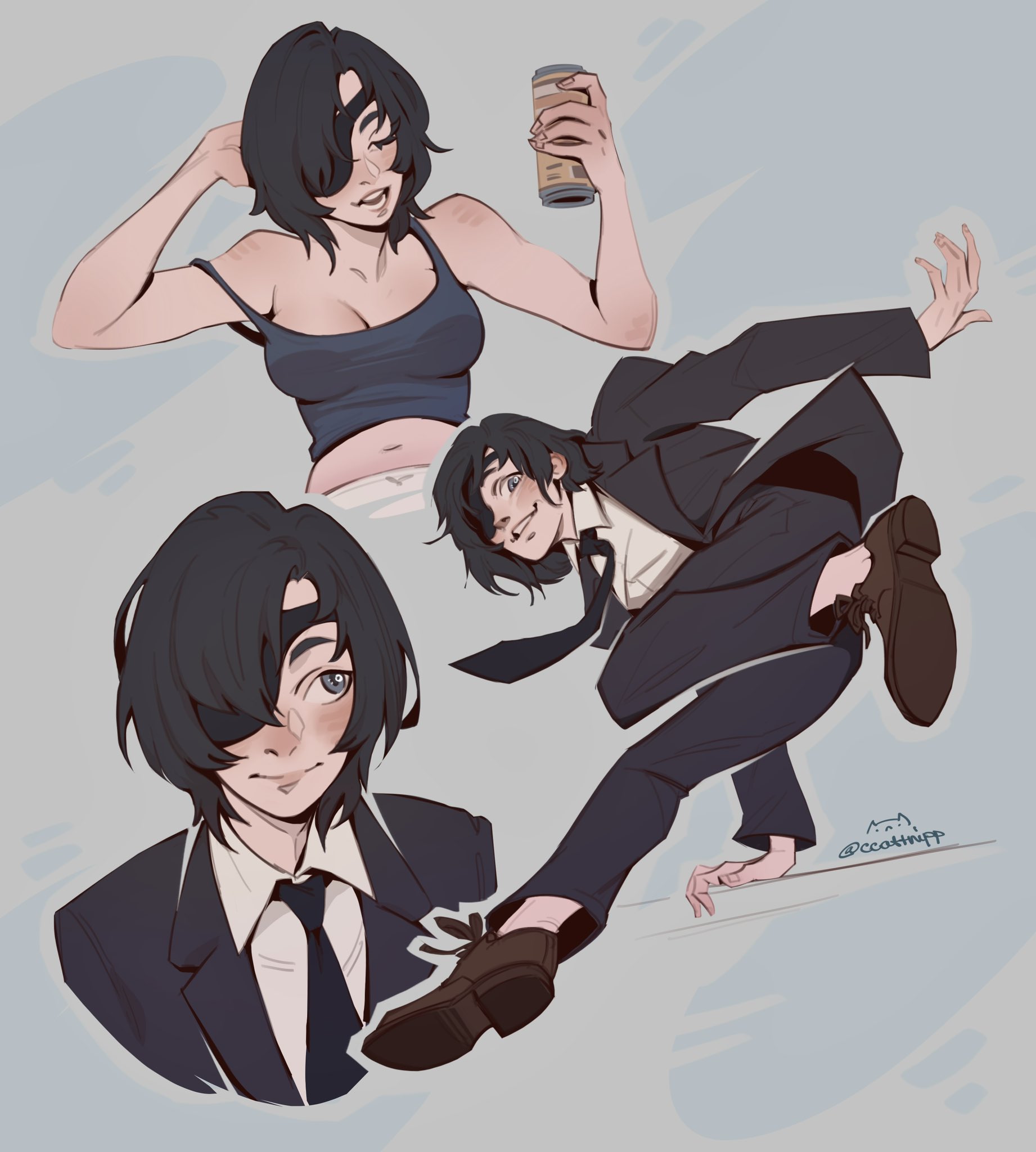 himeno (chainsaw man), chainsaw man, highres, 1girl, arm behind head, black hair, black jacket, black necktie, black pants, black suit, black tank top, blush, breasts, brown shoes, can, ccattnipp, cleavage, closed eyes, closed mouth, collared shirt, crop top, cropped torso, drink can, drunk, eyepatch, formal clothes, full body, grey background, grey eyes, hair over one eye, holding, holding can, jacket, medium breasts, midriff, multiple views, necktie, pants, parted lips, shirt, shoes, short hair, signature, smile, solo, strap slip, suit, suit jacket, tank top, twitter username, white shirt