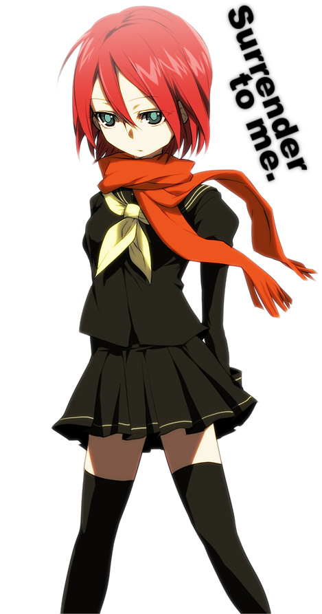 ang, gran, kiyama hiroto, inazuma eleven, inazuma eleven (series), bad id, bad pixiv id, 00s, 1boy, 1girl, crossdressing, crossdressing (ftm), crossdressing (mtf), english text, female focus, genderswap, genderswap (mtf), green eyes, red hair, scarf, school uniform, simple background, solo, thighhighs, trap, zettai ryouiki