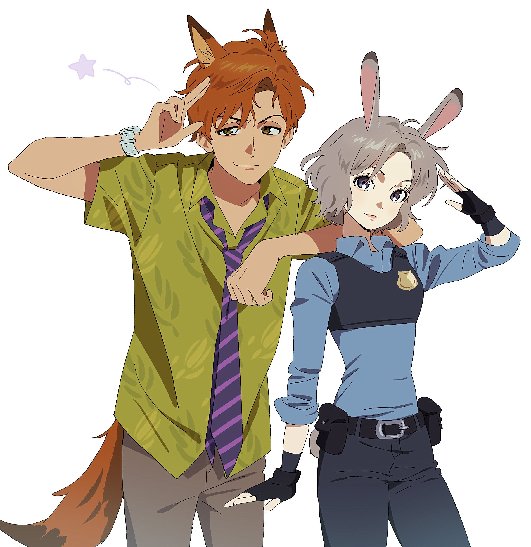 jo4hedan, judy hopps, nick wilde, zootopia, highres, 1boy, 1girl, animal ear fluff, animal ears, arm at side, arm on another's shoulder, belt, belt pouch, black belt, black gloves, black vest, blue pants, blue shirt, bob cut, breasts, cocked eyebrow, collarbone, collared shirt, cowboy shot, curtained hair, diagonal-striped clothes, diagonal-striped necktie, extra ears, eyelashes, fingerless gloves, fox boy, fox ears, fox tail, furrowed brow, gloves, green shirt, grey hair, grey pants, hand up, hawaiian shirt, humanization, leaf print, legs apart, long sleeves, looking at viewer, loose necktie, necktie, orange hair, pale skin, pants, parted bangs, pink lips, police, police badge, police uniform, pouch, purple eyes, purple necktie, rabbit ears, rabbit girl, rabbit tail, salute, shirt, shirt tucked in, short hair, short sleeves, side-by-side, simple background, sleeves rolled up, small breasts, smirk, standing, star (symbol), striped clothes, tail, tan, tareme, two-finger salute, very short hair, vest, watch, wavy hair, white background, wristwatch, yellow eyes