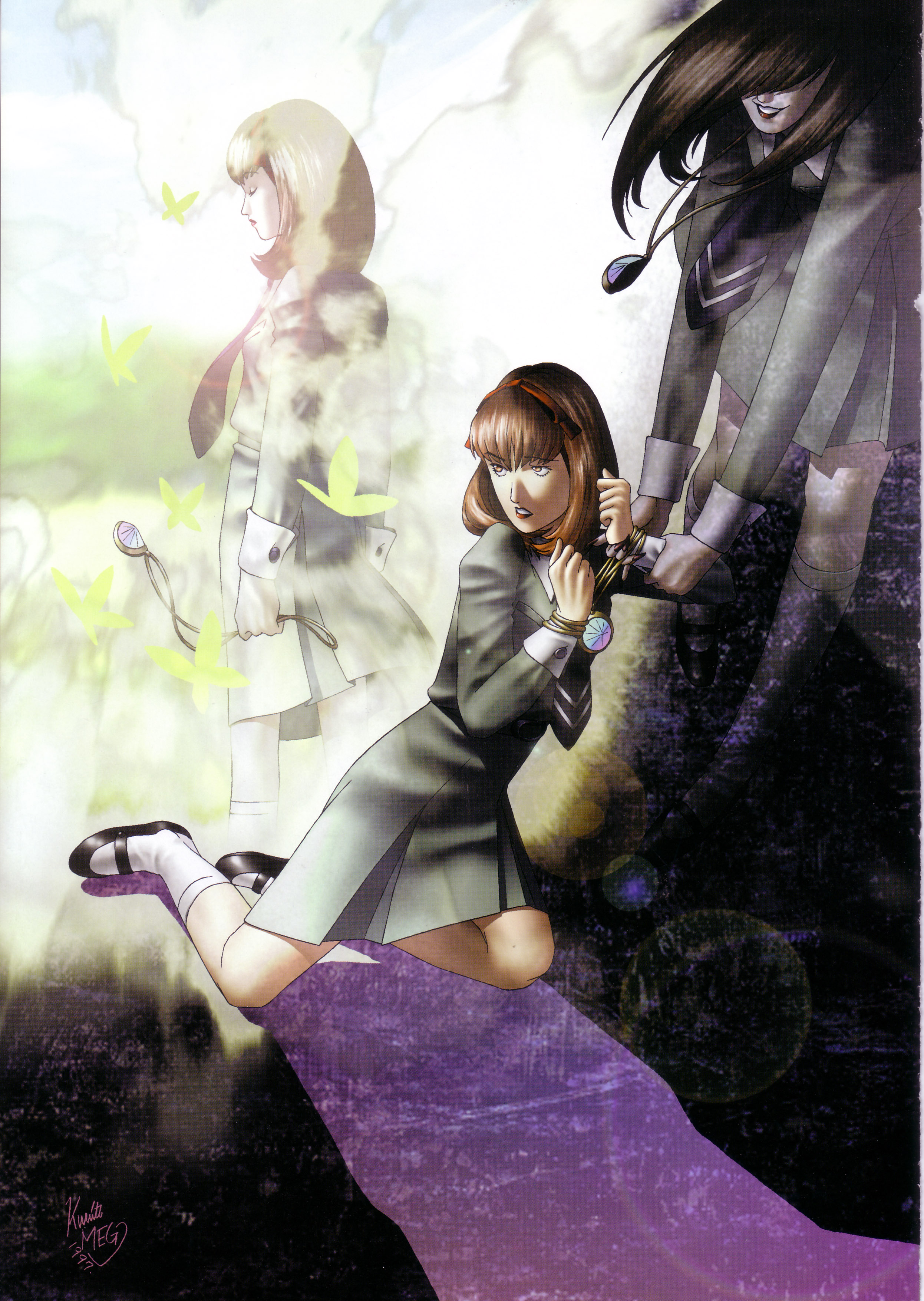 kazuma kaneko, shiraishi megumi (colorist), sonomura maki, persona, persona 1, absurdres, highres, official art, photoshop (medium), third-party source, 1girl, amulet, bound, bound wrists, brown hair, bug, butterfly, closed eyes, dark persona, hair over eyes, insect, jewelry, multiple persona, necklace, school uniform, signature, socks, st. hermelin school uniform, white socks