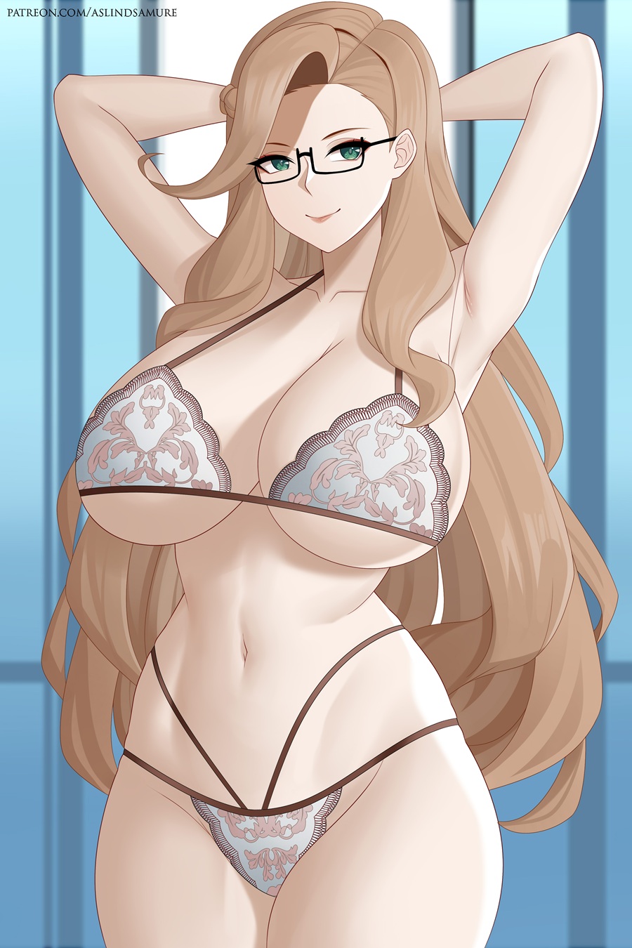 aslindsamure, karameel, fairy tail, 1girl, breasts, glasses, green eyes, large breasts, long hair