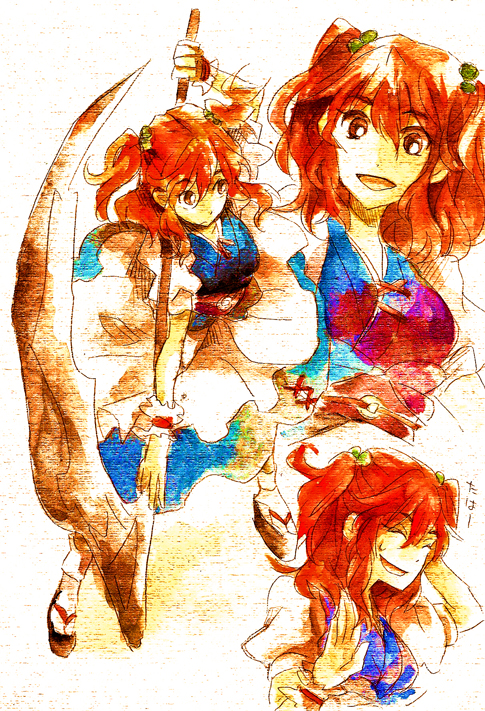 shinoasa, onozuka komachi, touhou, bad id, bad pixiv id, 1girl, female focus, hair bobbles, hair ornament, multiple views, okobo, platform sandals, red hair, sandals, scythe, tabi, twintails, two side up