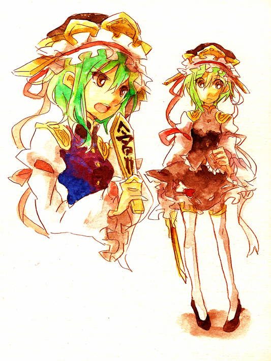 shinoasa, shiki eiki, touhou, bad id, bad pixiv id, 1girl, female focus, green hair, hat, rod of remorse, solo