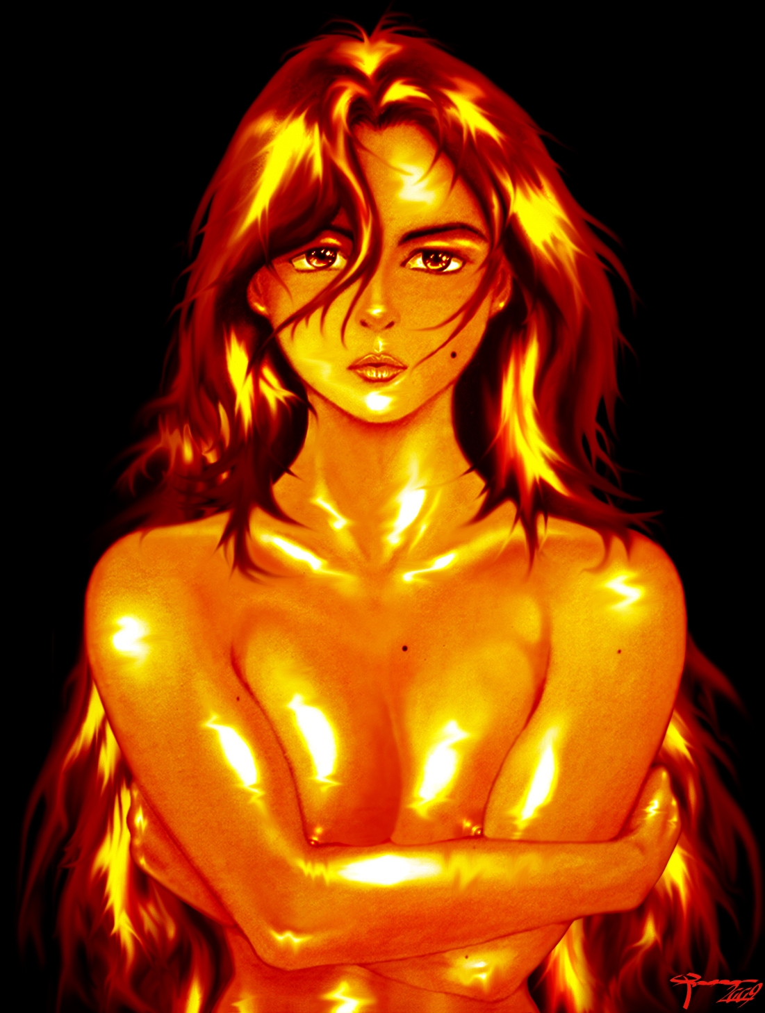 artist request, character request, highres, source request, 1girl, androgynous, breasts, breasts squeezed together, female focus, nipples, solo, topless female