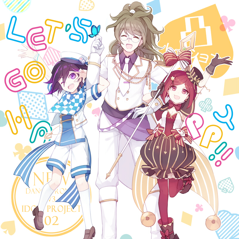 hiragi rin, gokuhara gonta, oma kokichi, yumeno himiko, danganronpa (series), danganronpa v3: killing harmony, commentary request, 1girl, 2boys, ace (playing card), ace of hearts, aiguillette, alternate costume, anchor, bell, belt, black boots, black capelet, black gloves, black hat, black shirt, black skirt, blazer, blue butterfly, blue scarf, blue shirt, blunt ends, bob cut, boots, bow, bowtie, breasts, brown shoes, bubble skirt, bug, butterfly, butterfly on hand, capelet, card, checkered clothes, checkered scarf, cleavage, club (shape), coattails, collared jacket, collared shirt, copyright name, cropped jacket, diamond (shape), dice, dot nose, dress pants, english text, eyelashes, footwear bow, frilled skirt, frills, full body, glasses, gloves, gold buttons, green hair, hair between eyes, hair ornament, hair scrunchie, hairclip, halftone, hand on own hip, happy, hat, hat bow, hat ornament, heart, heart print, height difference, hexagram, high heel boots, high heels, high ponytail, holding, holding staff, idol, insect, jacket, knee boots, kneehighs, knees, lapels, leg up, loafers, locked arms, long hair, long hair between eyes, messy hair, mini hat, mini top hat, miniskirt, multicolored hair, multiple boys, necktie, notched lapels, one eye closed, open clothes, open jacket, open mouth, pale skin, pants, pantyhose, playing card, pointy boots, ponytail, print belt, print boots, print skirt, purple belt, purple eyes, purple hair, red bow, red bowtie, red eyes, red hair, red pantyhose, red shirt, round eyewear, sailor hat, scarf, scrunchie, shirt, shoes, short sleeves, shorts, skirt, sleeve cuffs, smile, socks, spade (shape), staff, standing, star (symbol), star hair ornament, star print, strapless, strapless shirt, streaked hair, striped bow, striped clothes, striped headwear, striped shirt, striped skirt, tailcoat, teeth, tie clip, top hat, triangle print, two-sided shirt, two-tone belt, two-tone scarf, two-tone shirt, upper teeth only, v, vertical-striped clothes, vertical-striped headwear, vertical-striped shirt, vertical-striped skirt, white-framed eyewear, white background, white belt, white boots, white gloves, white hat, white jacket, white necktie, white pants, white scarf, white scrunchie, white shirt, white shorts, white socks, yellow bow