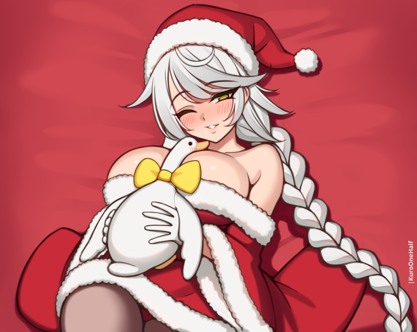 kuroonehalf, unryuu (kancolle), kantai collection, commentary, english commentary, barefoot, bird, black pantyhose, braid, breasts, brown eyes, dress, duck, fur-trimmed dress, fur-trimmed headwear, fur trim, grey hair, hat, large breasts, long hair, lying, off-shoulder dress, off shoulder, pantyhose, red dress, santa hat, single braid, smile