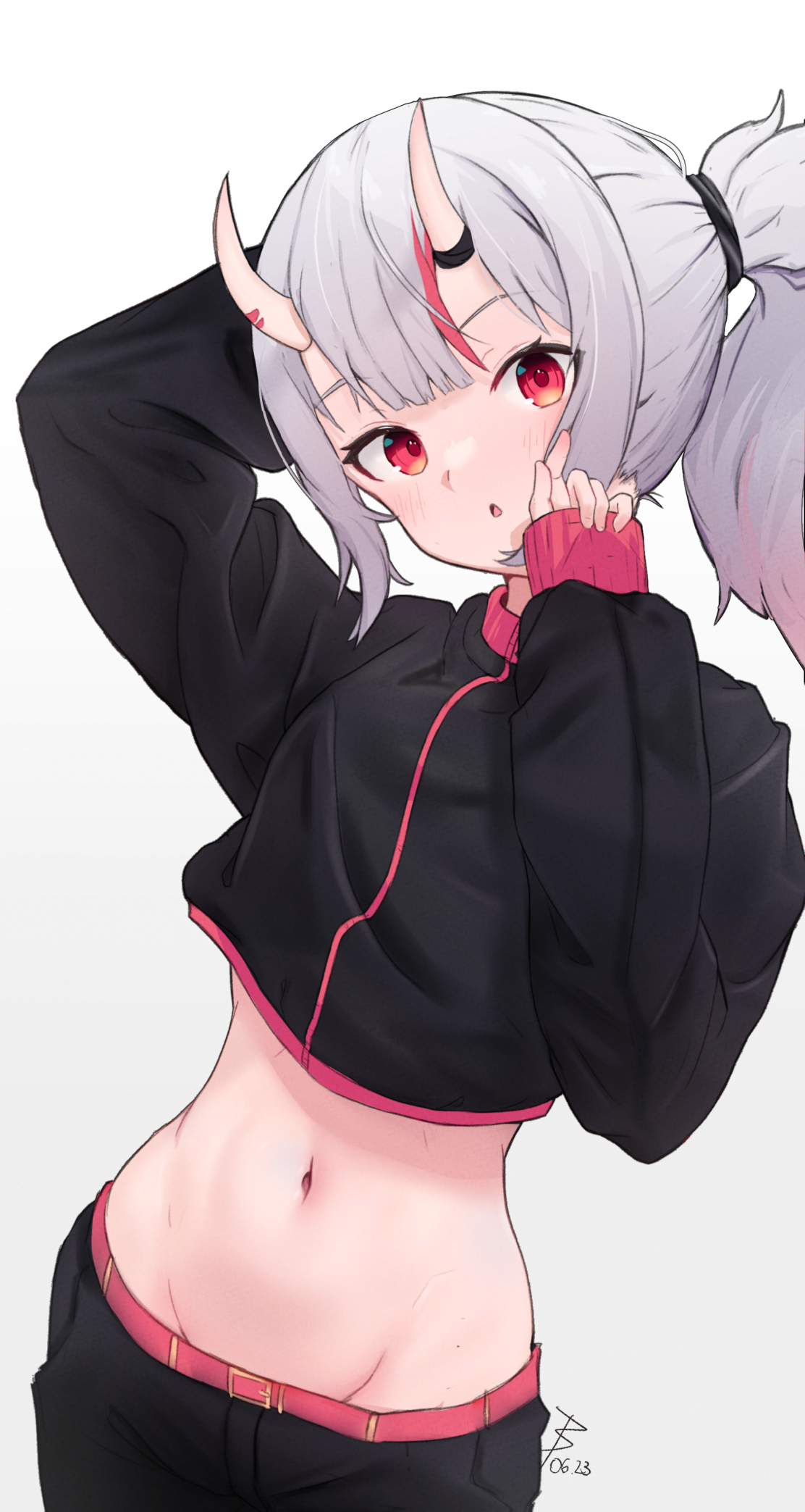 badao, nakiri ayame, hololive, commentary request, highres, 1girl, arm behind head, belt, black jacket, black pants, gradient hair, hair between horns, horn ornament, horns, jacket, light blush, long hair, long sleeves, looking at viewer, midriff, multicolored hair, navel, oni, open mouth, pants, pink belt, ponytail, puffy sleeves, red eyes, red hair, skin-covered horns, virtual youtuber, white hair