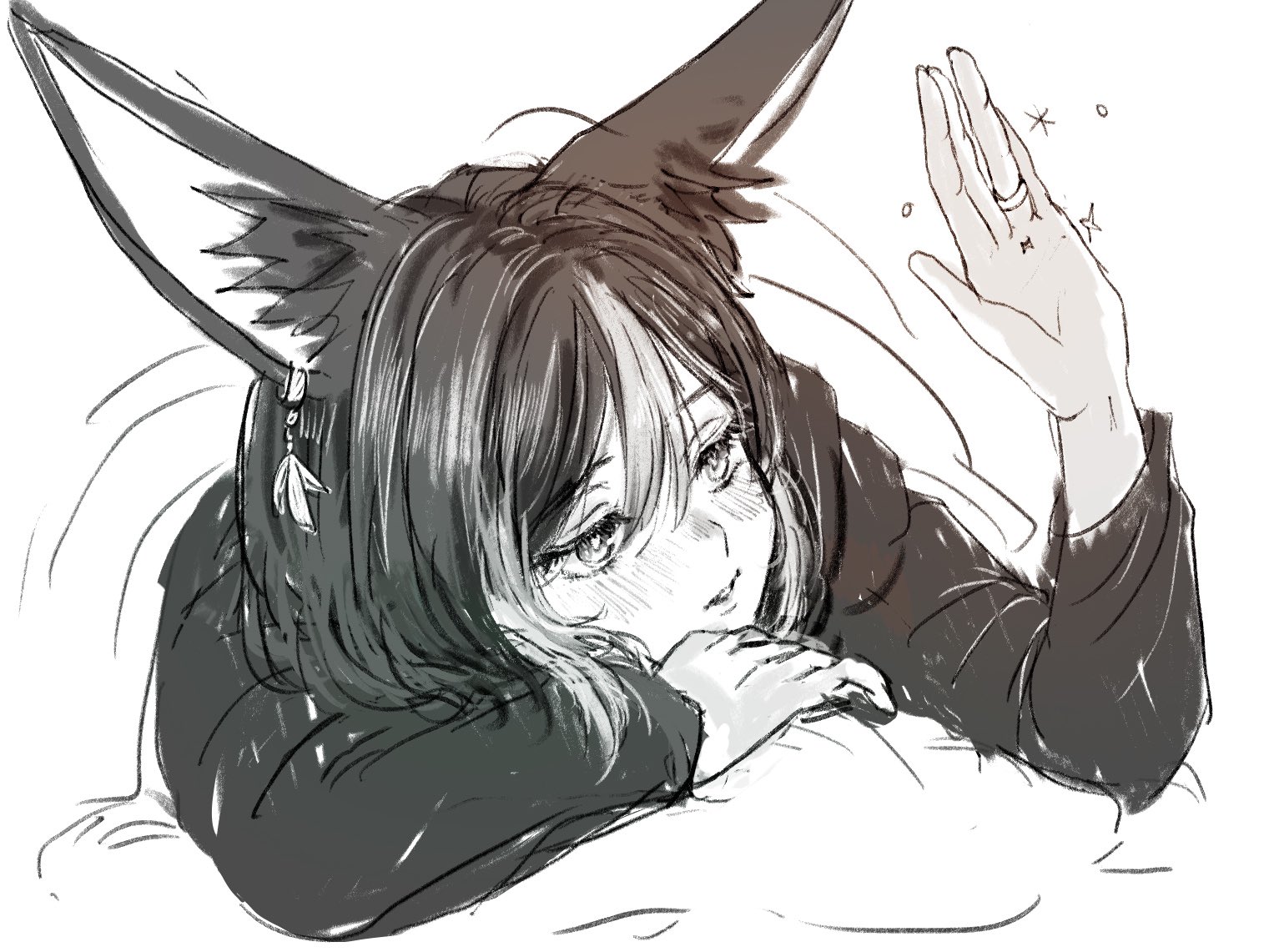 otanpopo1208, tighnari (genshin impact), genshin impact, 1boy, animal ear fluff, animal ears, arm up, blush, eyelashes, jewelry, long sleeves, looking at hand, lying, male focus, multicolored hair, on stomach, parted hair, parted lips, ring, shirt, short hair, simple background, solo, streaked hair, under covers, white background